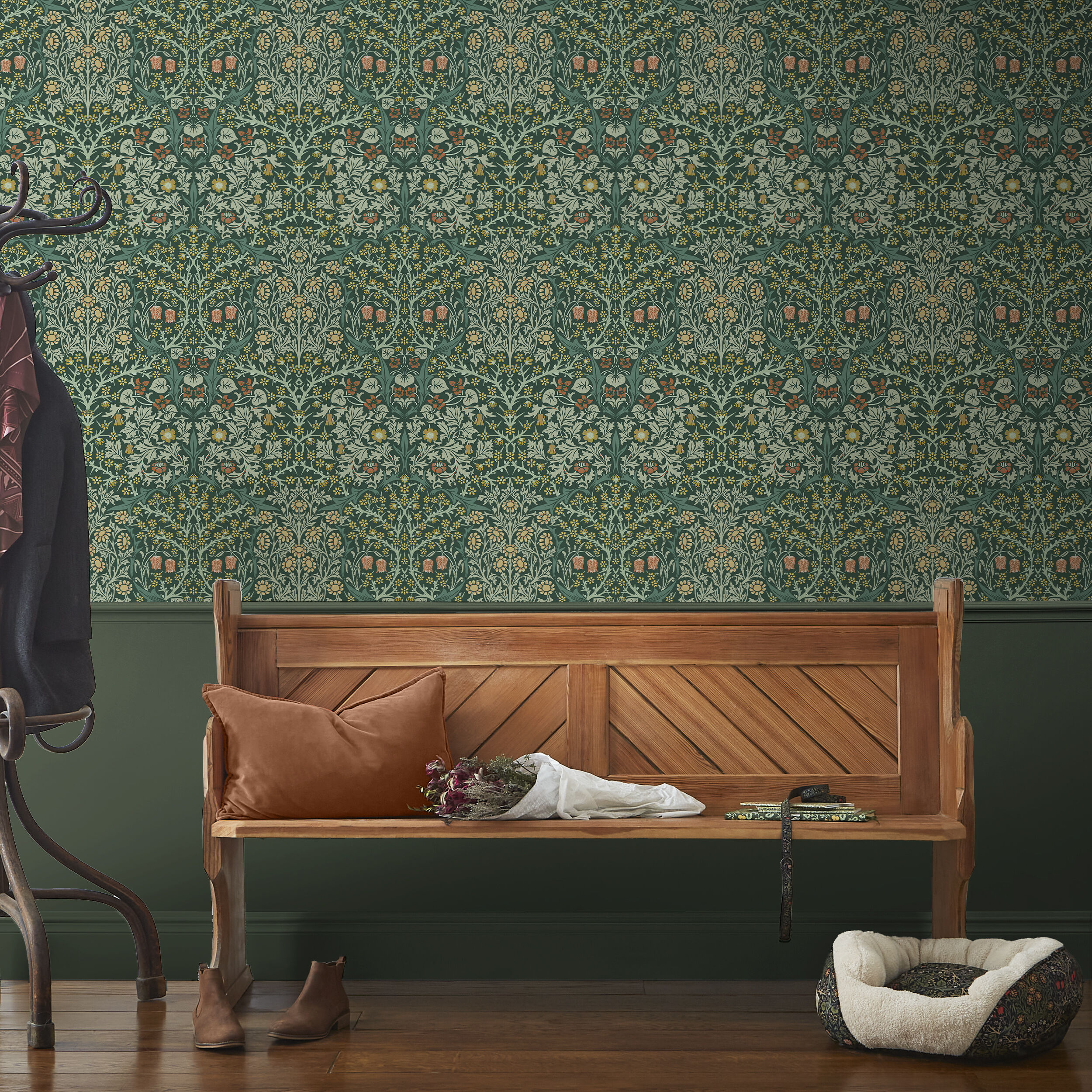 William Morris Deep Green Floral Vinyl Wallpaper Double Roll