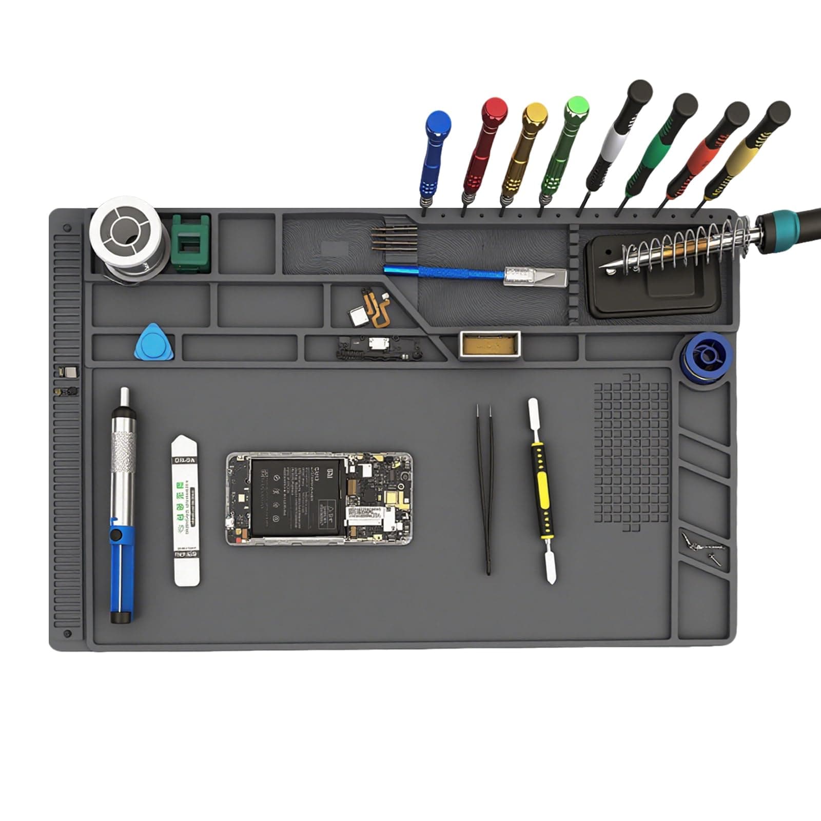 Adrinfly  Large Silicone Soldering Mat Heat Resistant 21.6 by 13.8 Inches Magnetic Workbench Pad with Scale Ruler Screw Slots and Tool Organizer