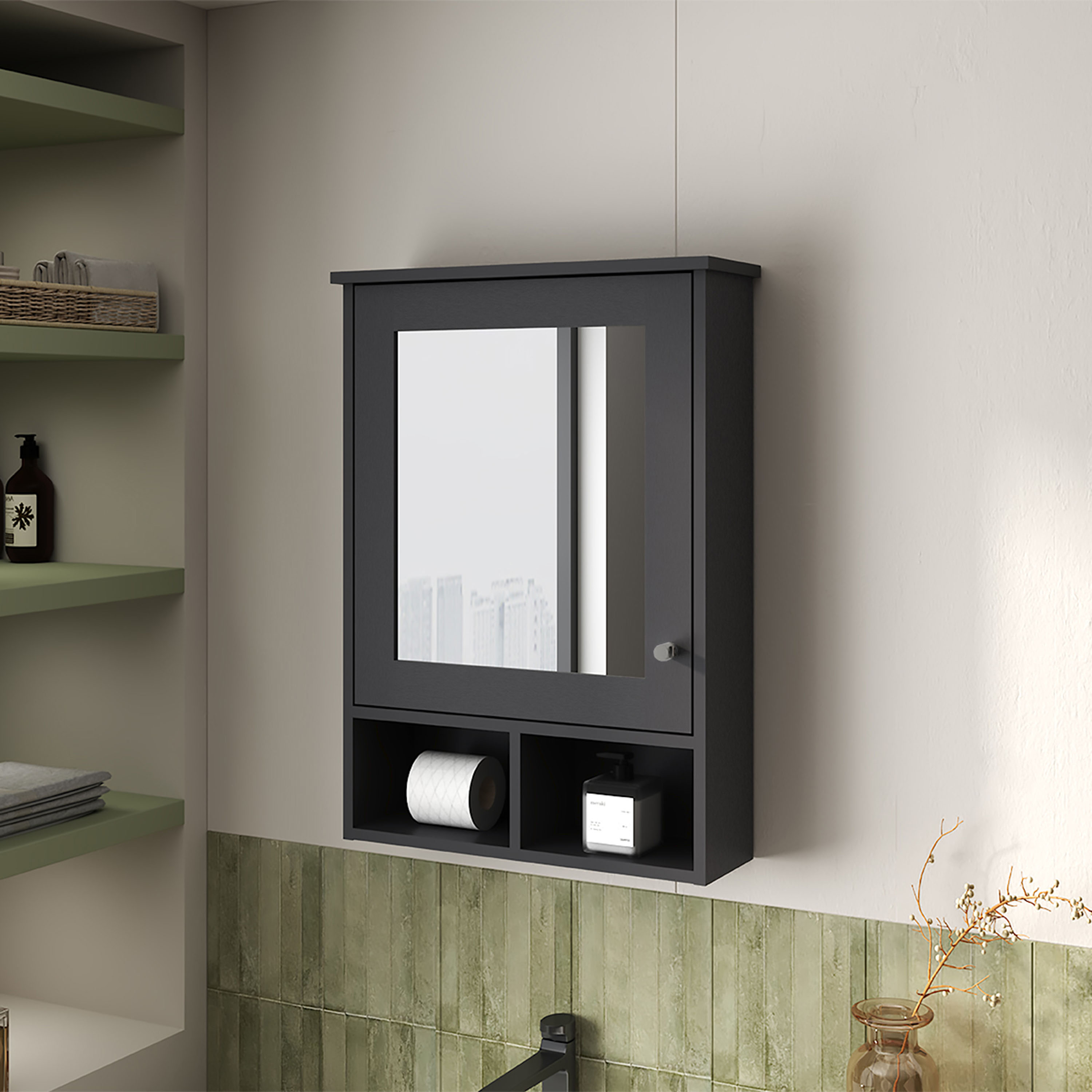 LOVMOR  6.6-in x 20.9-in x 29-in Black Bathroom Wall Cabinet with Mirror Interior Storage for Bathroom Organization