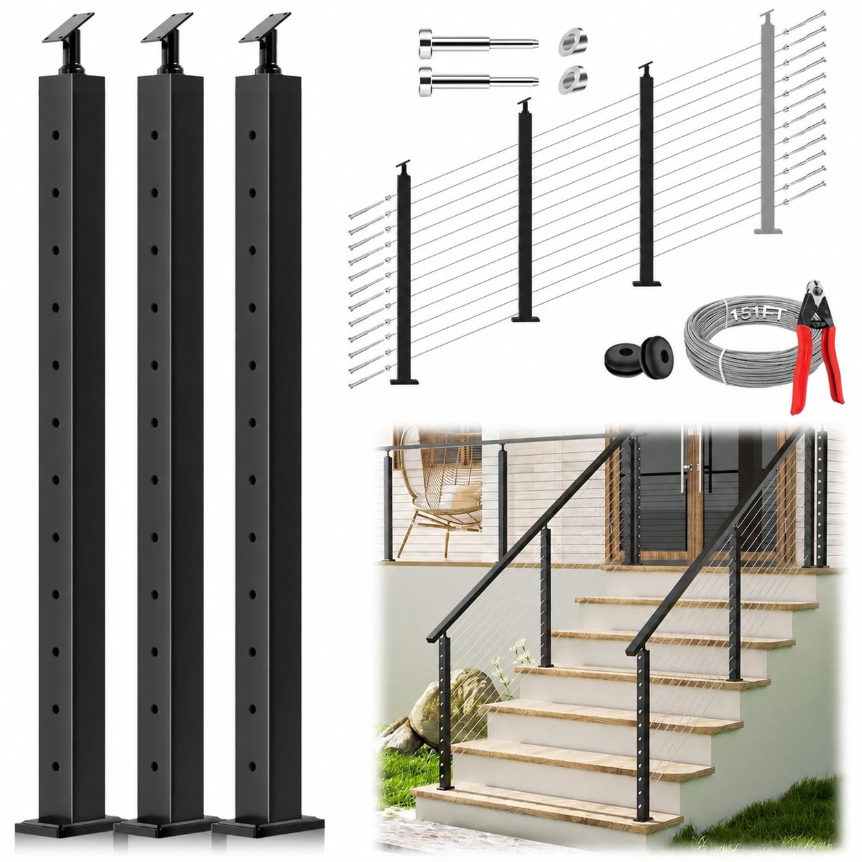 Phyfalip  42 Inch Stair Cable Railing Posts Kit 3 Pack Adjustable Top Stair Railing System Matte Black Includes 151ft Cable 24 Terminals 72
