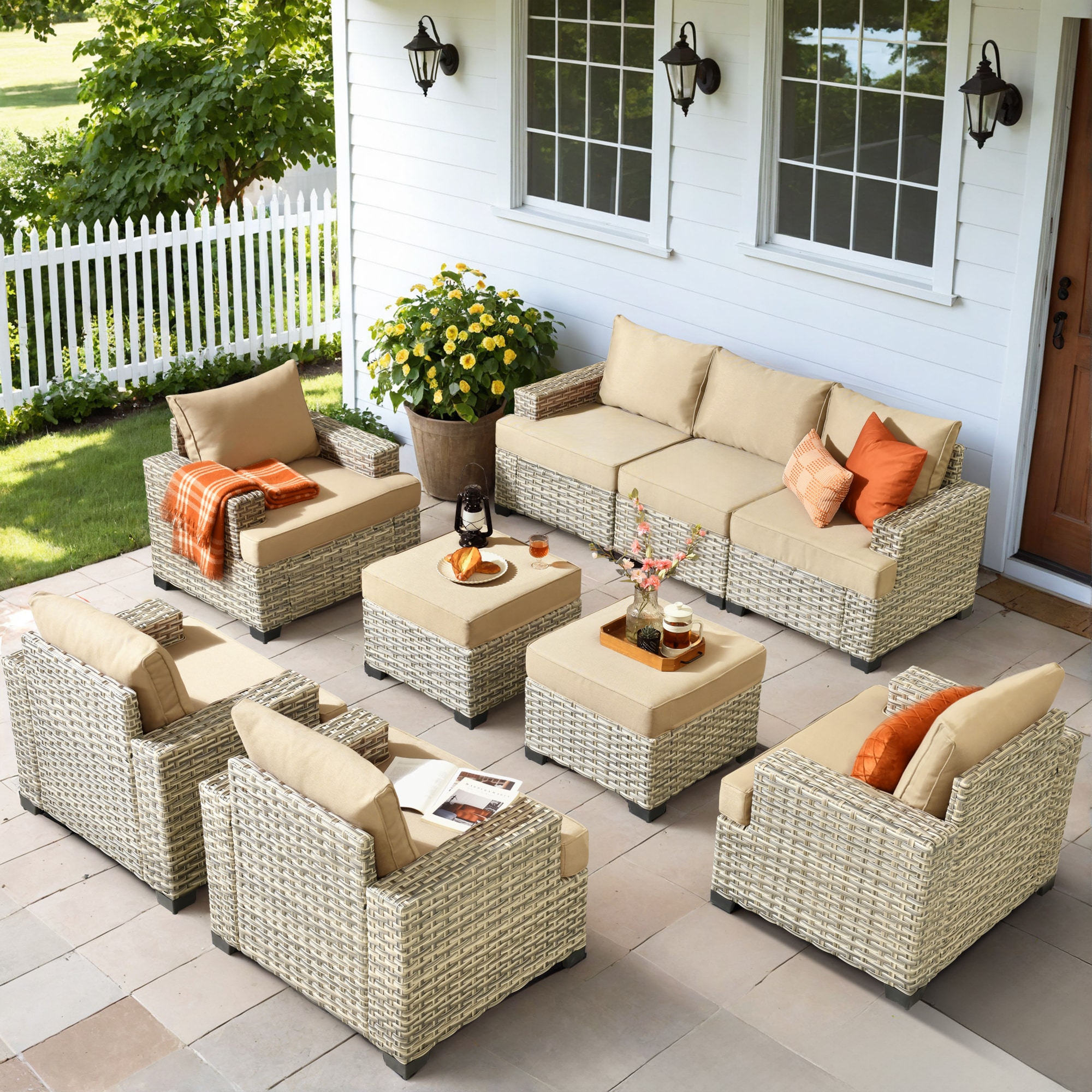 Ovios TS609 9 -Piece Rattan Patio Sofa Conversation Set with Beige