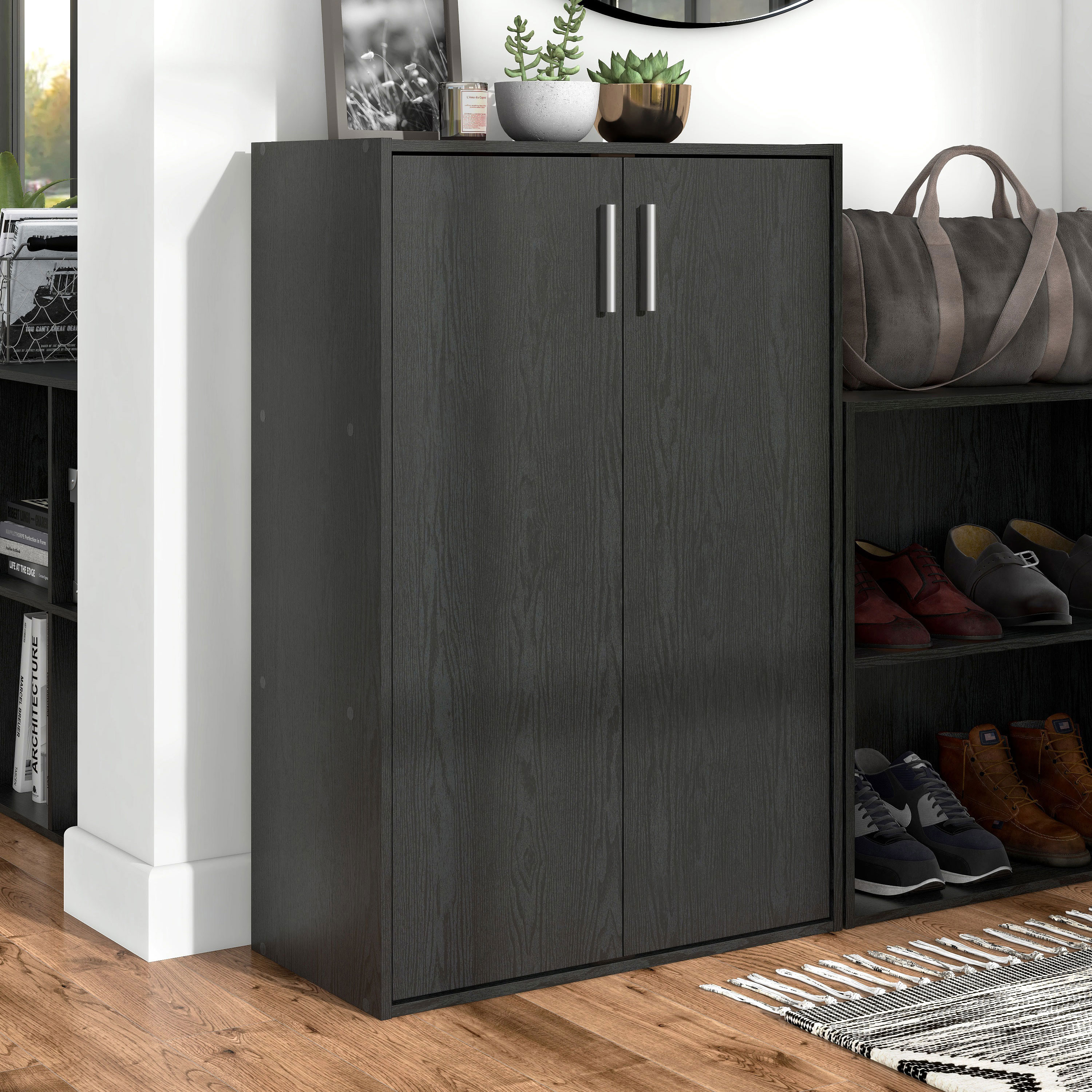 Furniture of America FGI-2381C1-DC Quincy Black Composite 3 -Shelf Modular Bookcase with Doors ( 23.62-Inches W x 35.27-Inches H x 11.8-Inches D ) Finished