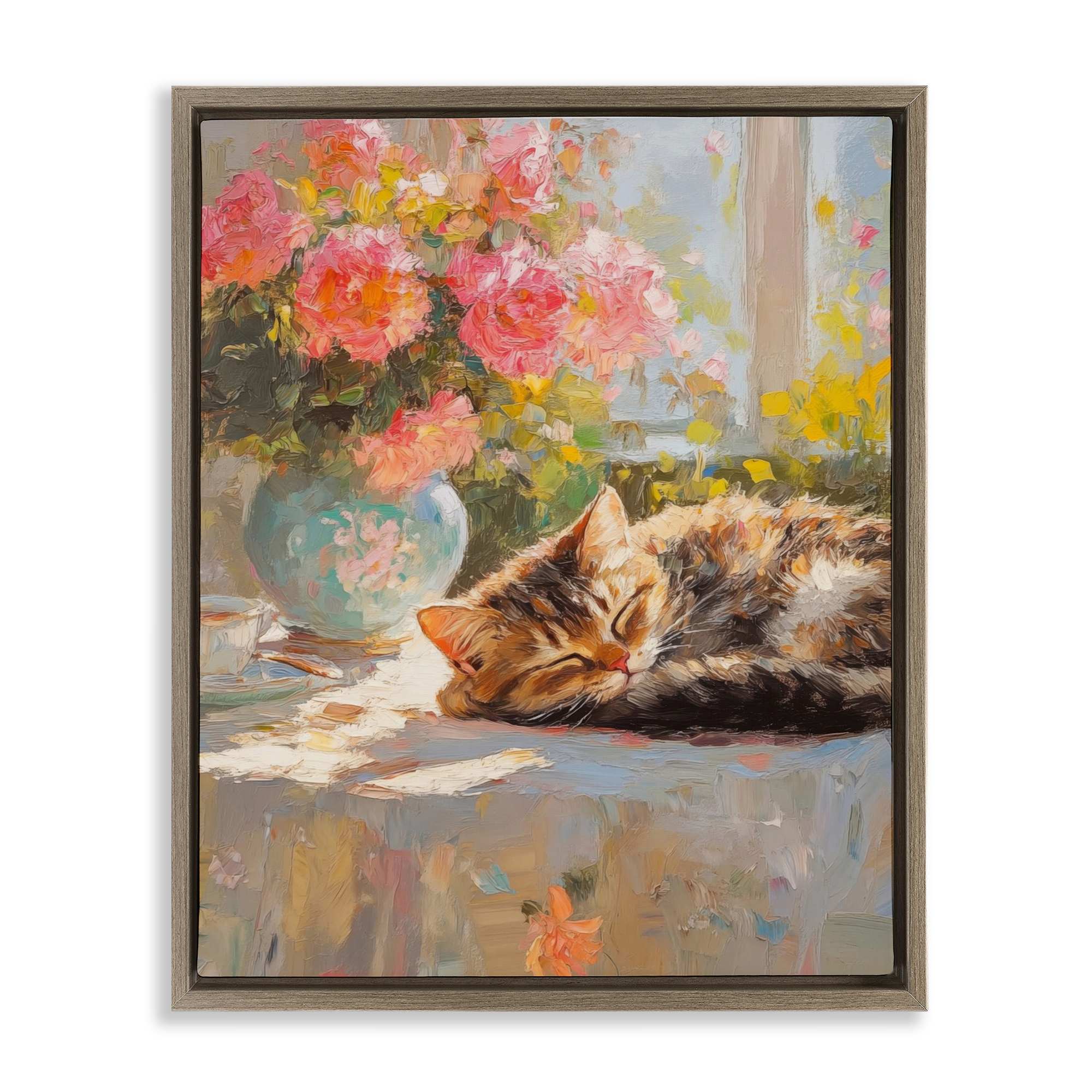 Stupell Industries BT-940-FFE-16X20 Sleeping Kitten and Flower Vase Brown Framed Floater Canvas Wall Art By Nini Art 17 x 21