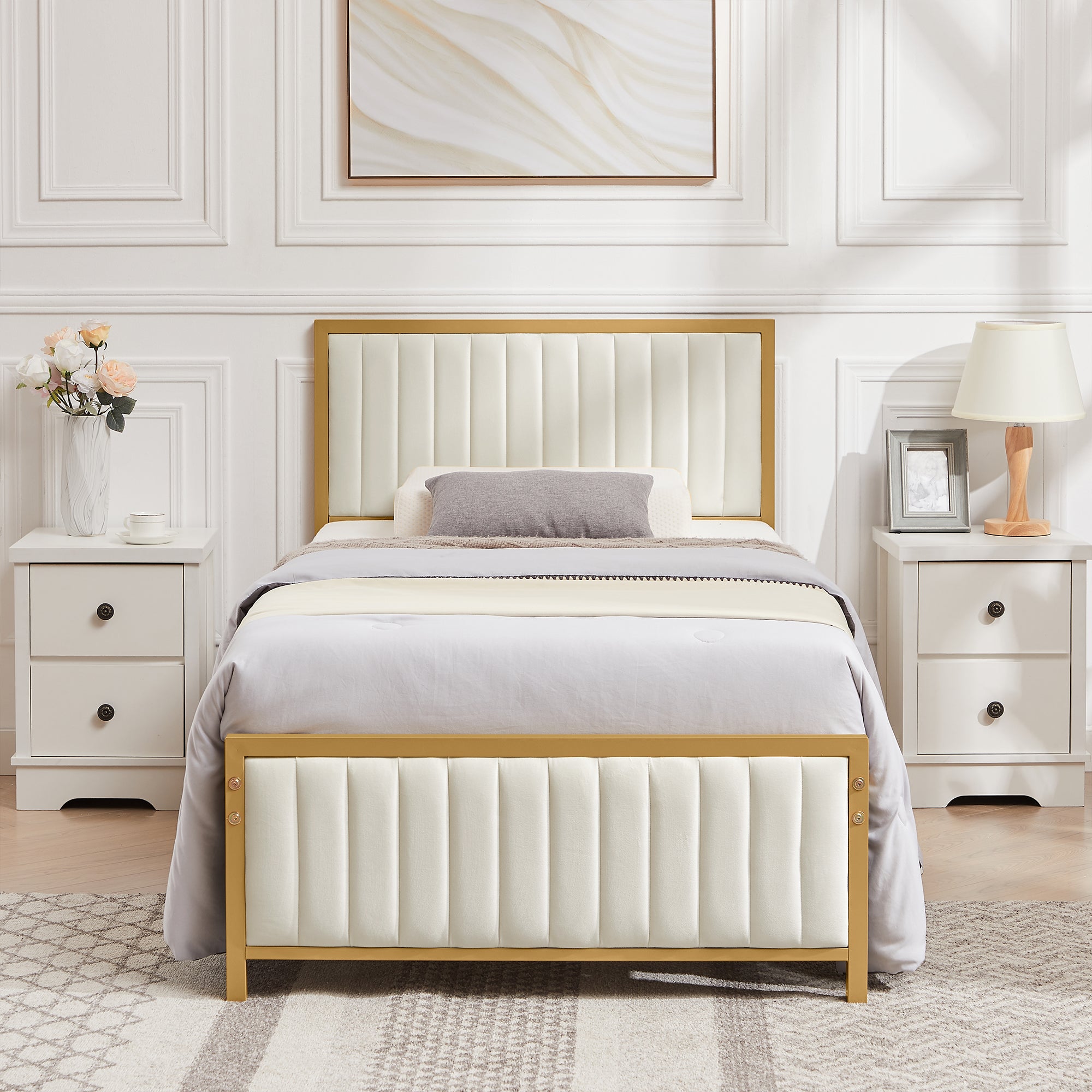 Vecelo LOE-T37-BGE Twin Size Bed Frame with Velvet Upholstered Headboard and Footboard Heavy Duty Metal Platform with Sturdy Slats Noise Free Light Gray
