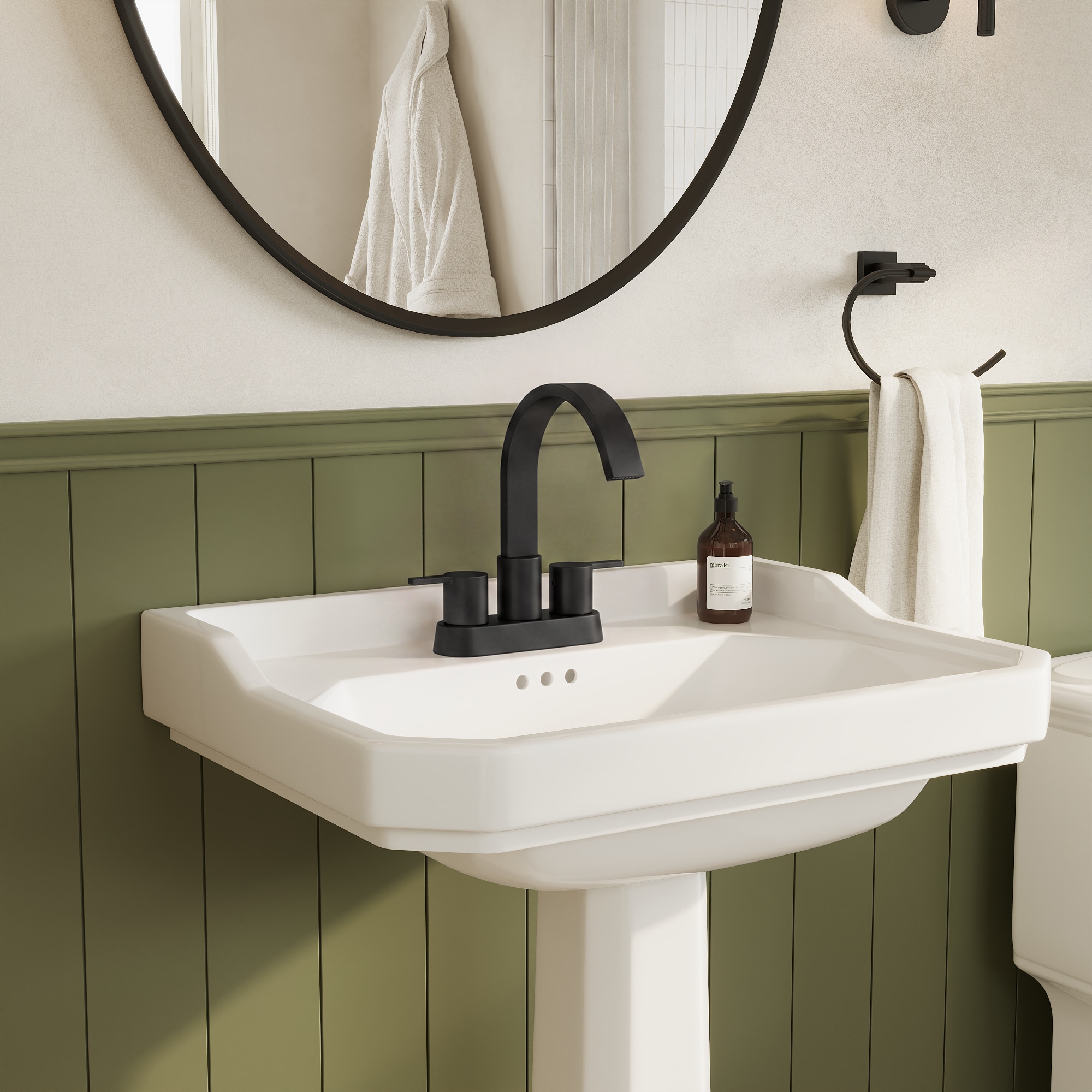 YAWWALK - Modern Matte Black 4-in Centerset 2-Handle Mid-Arc 360 degrees Swivel Bathroom Sink Fa...