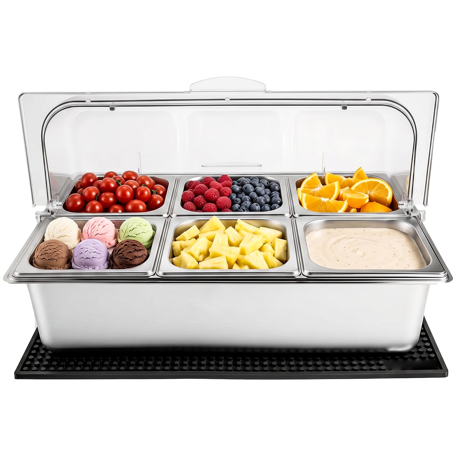 VEVOR Countertop Food Serving Display Container Stainless Steel Food Salad Server Tray Buffet Condiment Dispenser Ice Cooled Rack with Clear Roll Top Cover for Restaurant Hotel (6x1/6 Pan x2)