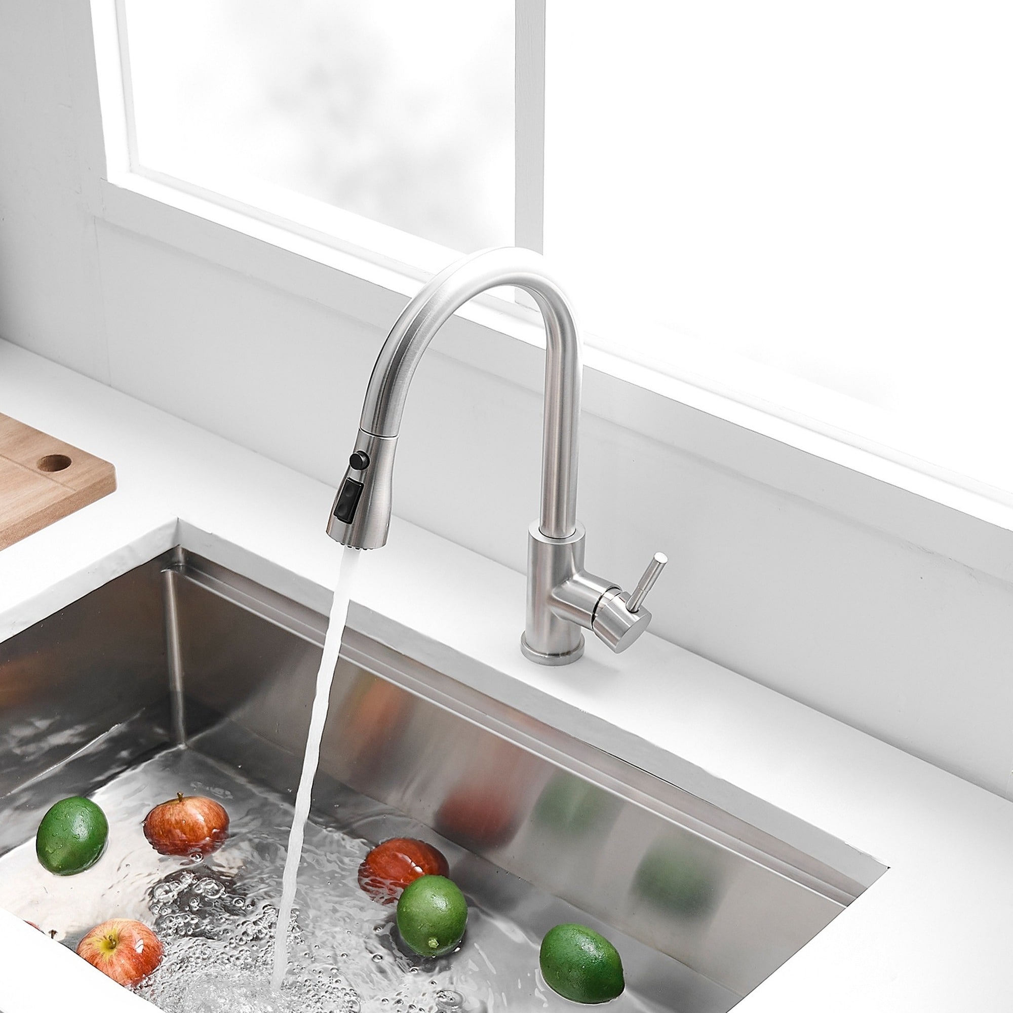 IAK Brushed Nickel Stainless Steel Kitchen Sink Faucet with Pull Out Sprayer and 360 Degree Swivel