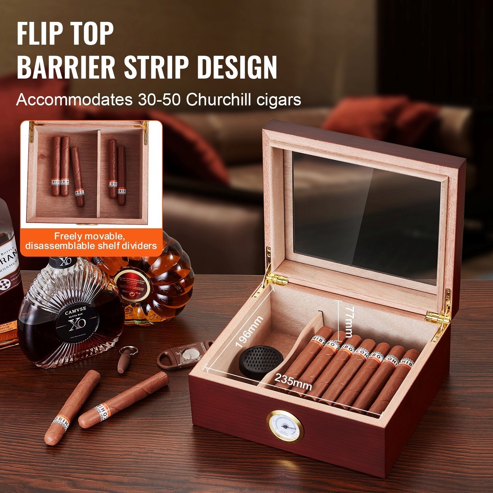 VEVOR Cigar Humidor Glass Top Cigar Humidor Box Handmade Spanish Cedar ...