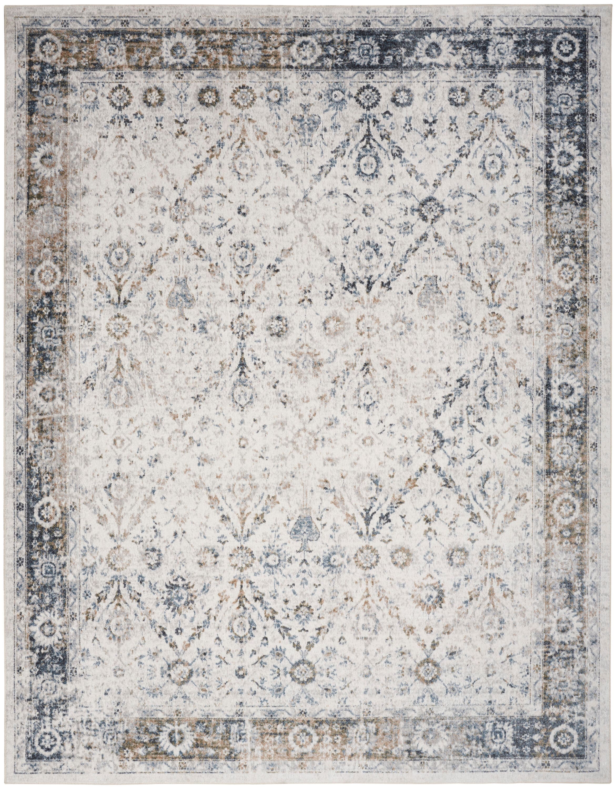 Ivory Blue Floral Synthetic 8' x 10' Washable Rug