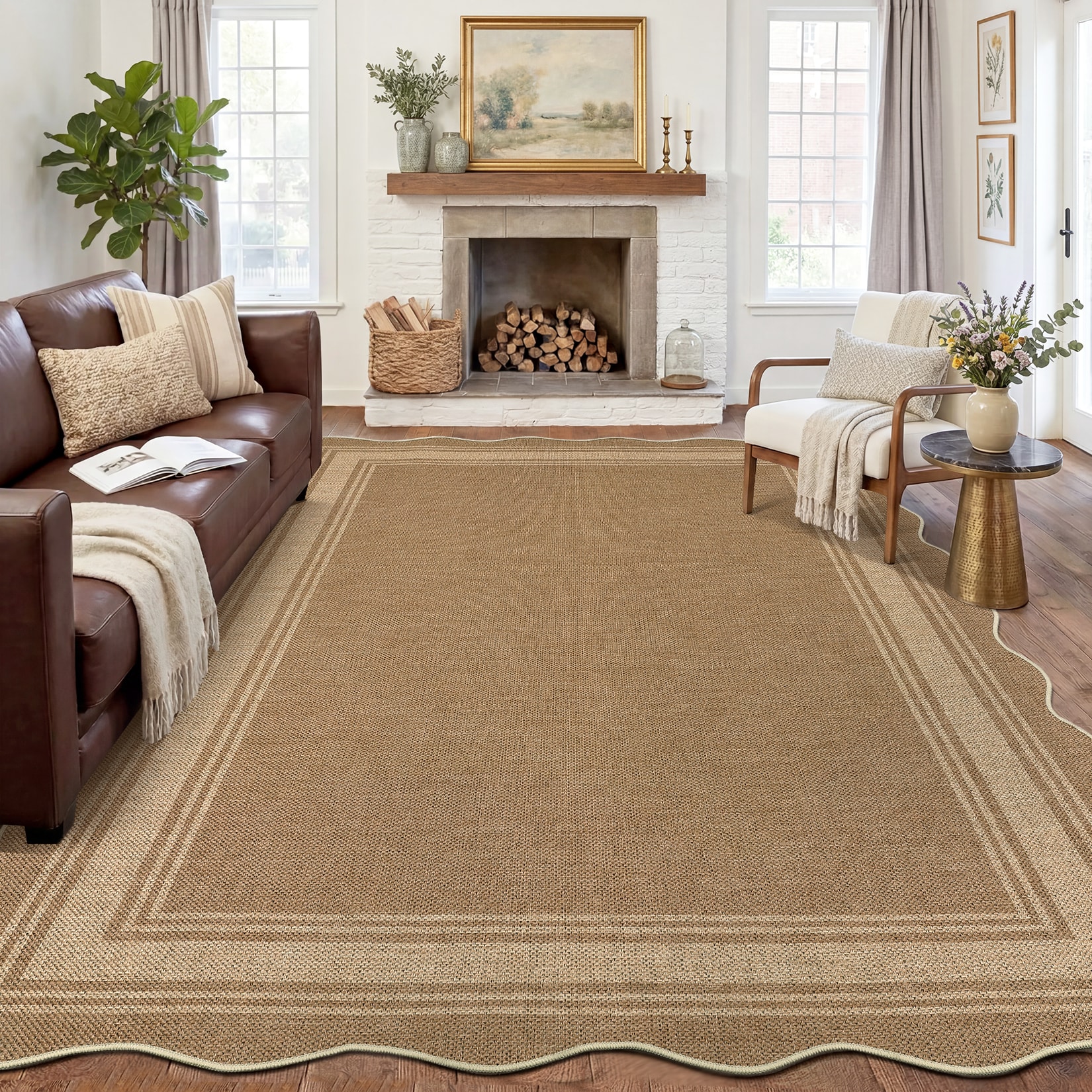 Aoile 9 x 12 ft Jute Easy Jute Rectangular Scalloped Bordered Non Slip ...