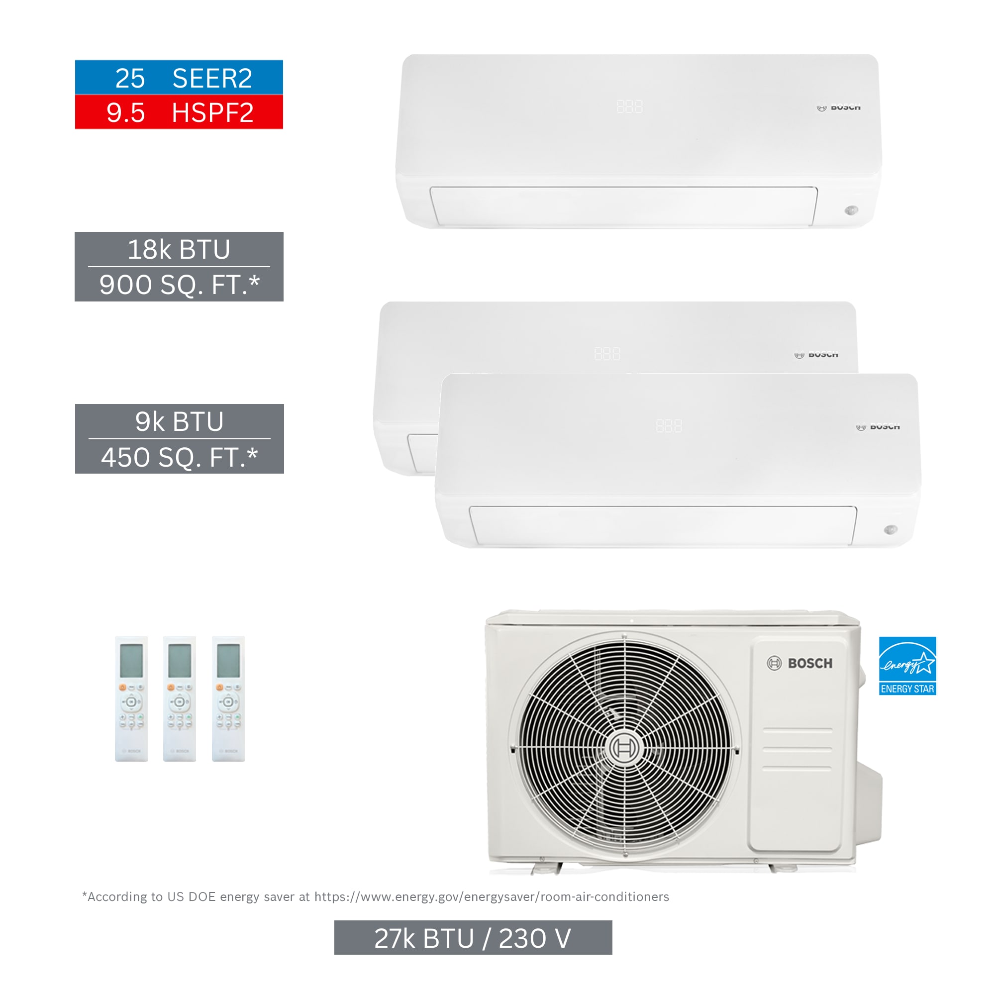 Bosch 8733980490 Climate 5000 Pro Pack Triple Zone 27000-BTU 25 SEER Ductless Mini Split Air Conditioner Heat Pump Included with 230-Volt