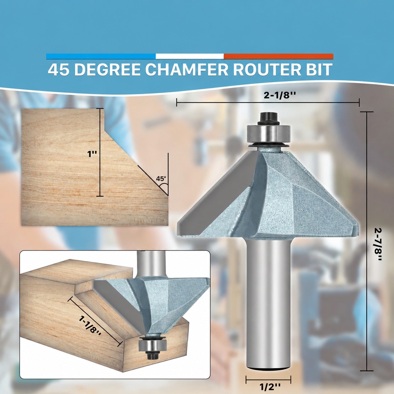 B&W Carbide Tipped 45 Degree Chamfer Router Bit 1/2 Inch Shank 1-1/8 ...