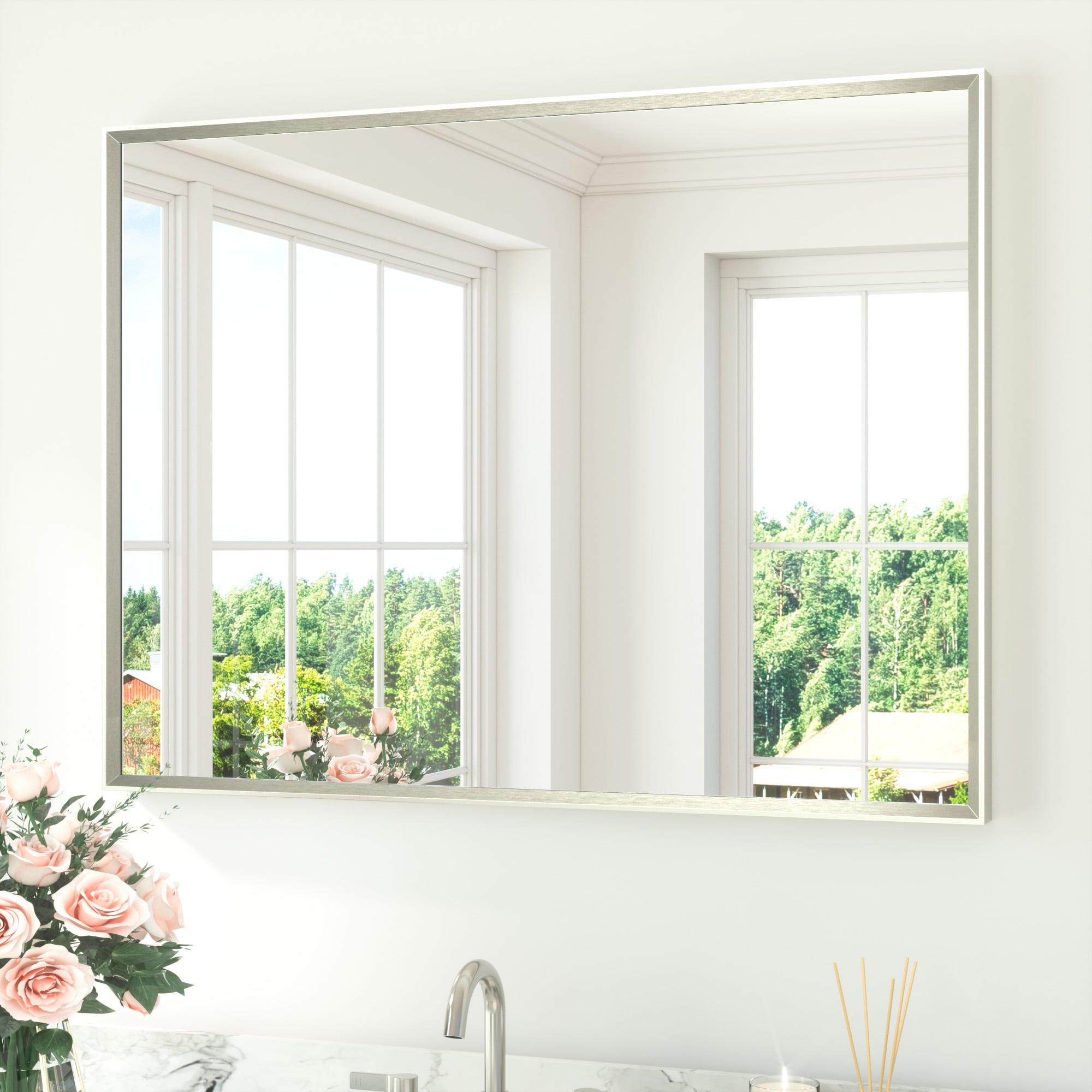 TETOTE 40x30 Inch Brushed Nickel Rectangle Beveled Framed Bathroom Vanity Mirror