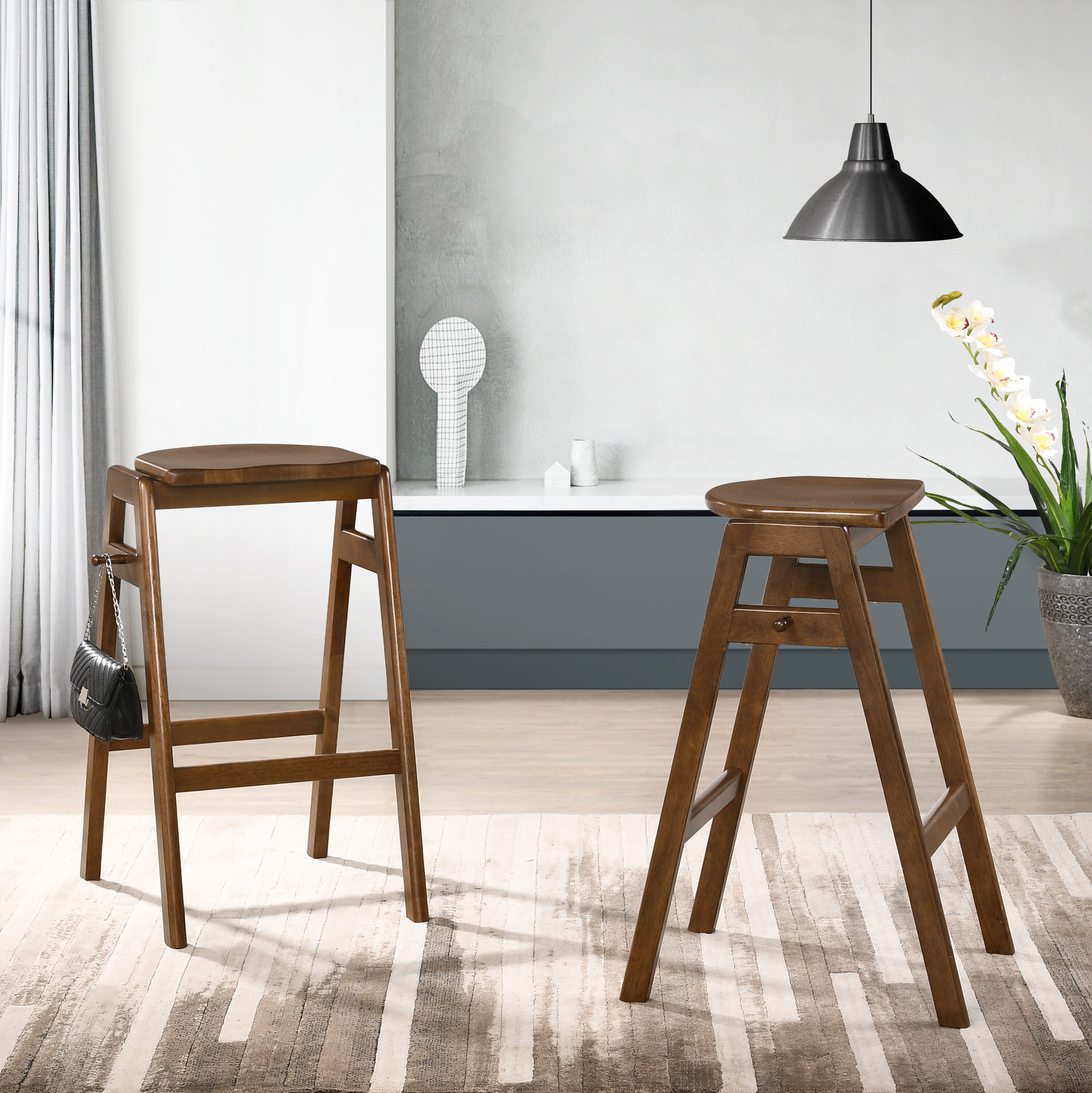 Roundhill Furniture PC029 Malvern 2 -Set Brown 28.75-in H Bar height Bucket seat Stackable Wood Bar Stool