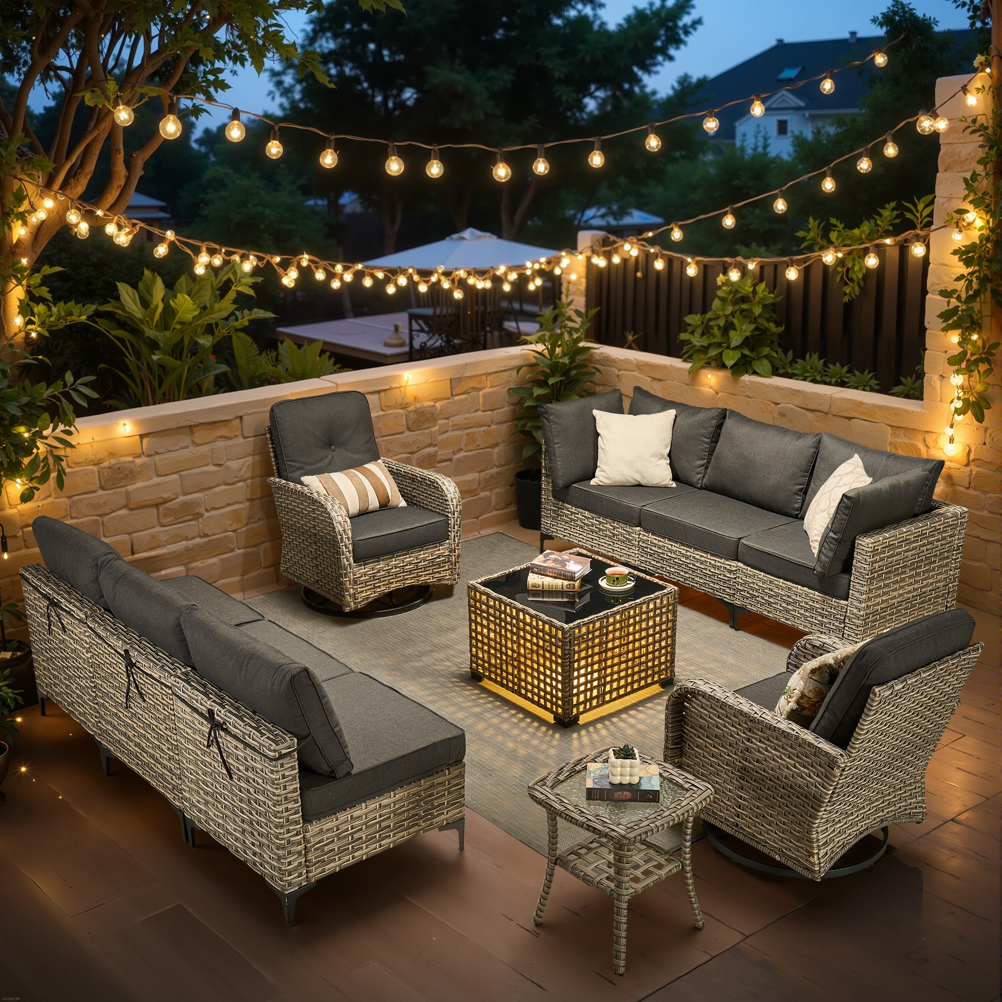 XIZZI XISKT10104-VNC Amber Rattan Outdoor Sectional with Black Cushions and Rattan Frame