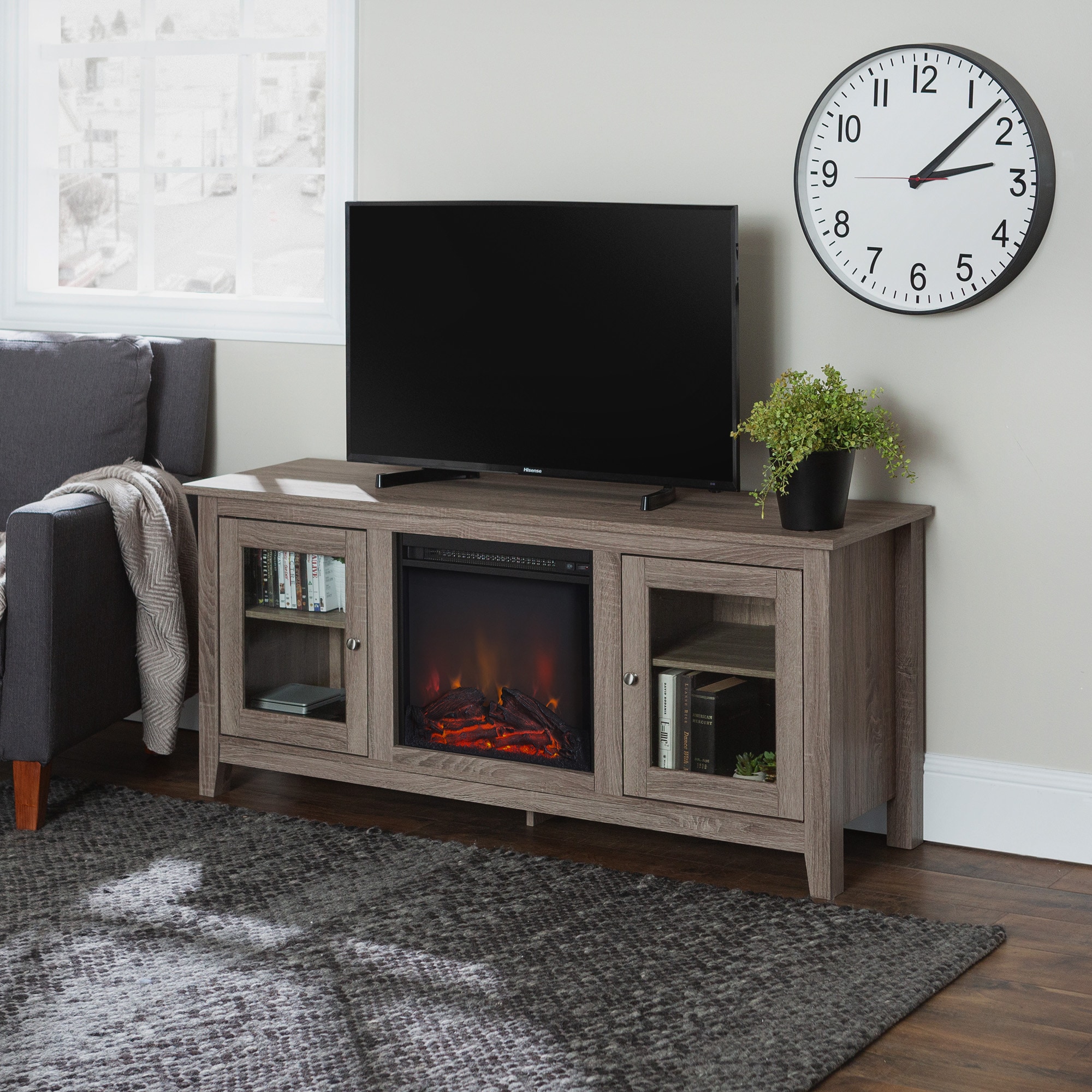 Walker Edison W58FP4DWAG 58-Inches W Driftwood TV Stand with LED Flat wall Electric Fireplace