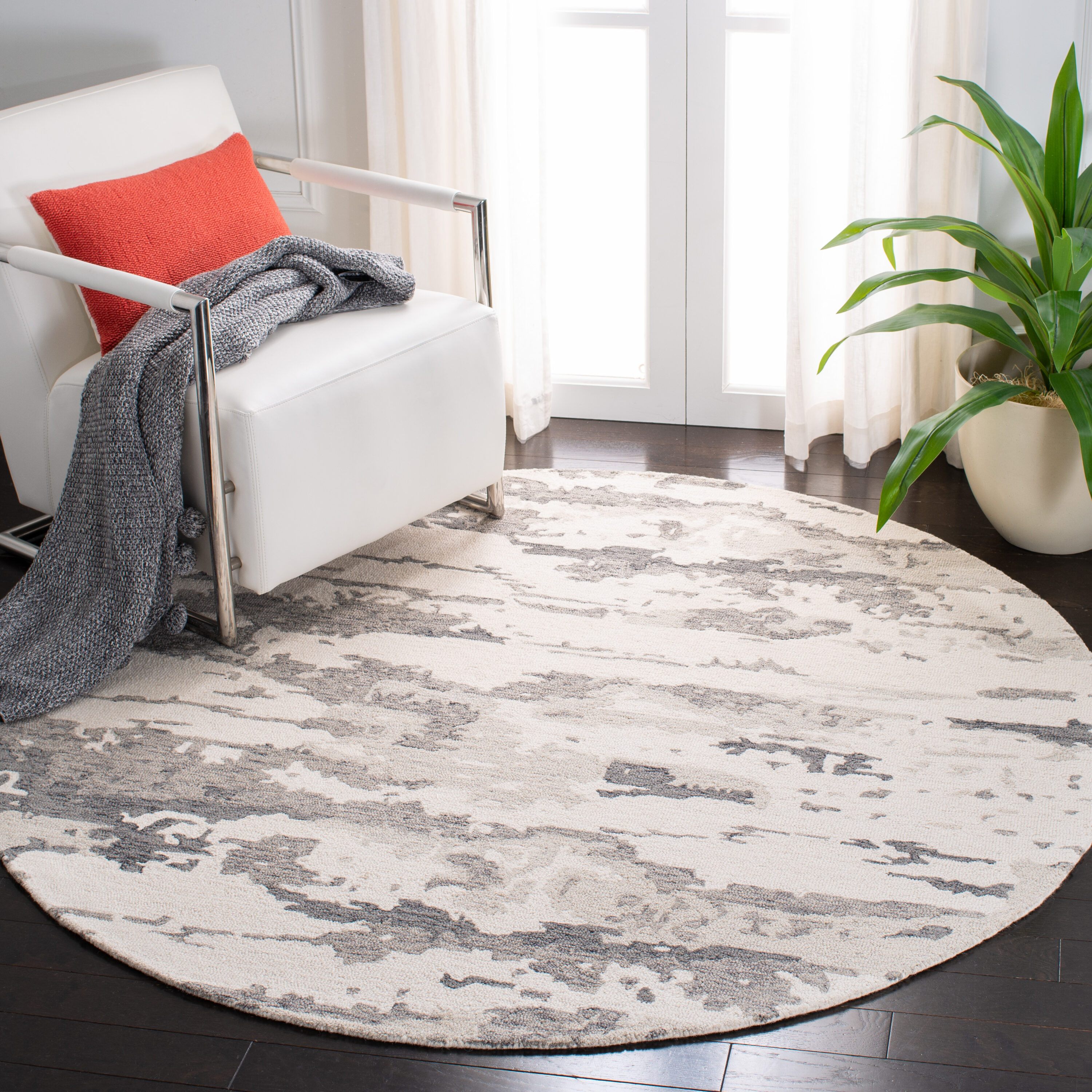 Abstract 465 Charcoal/Ivory Contemporary 6ft x 6ft Round Rug