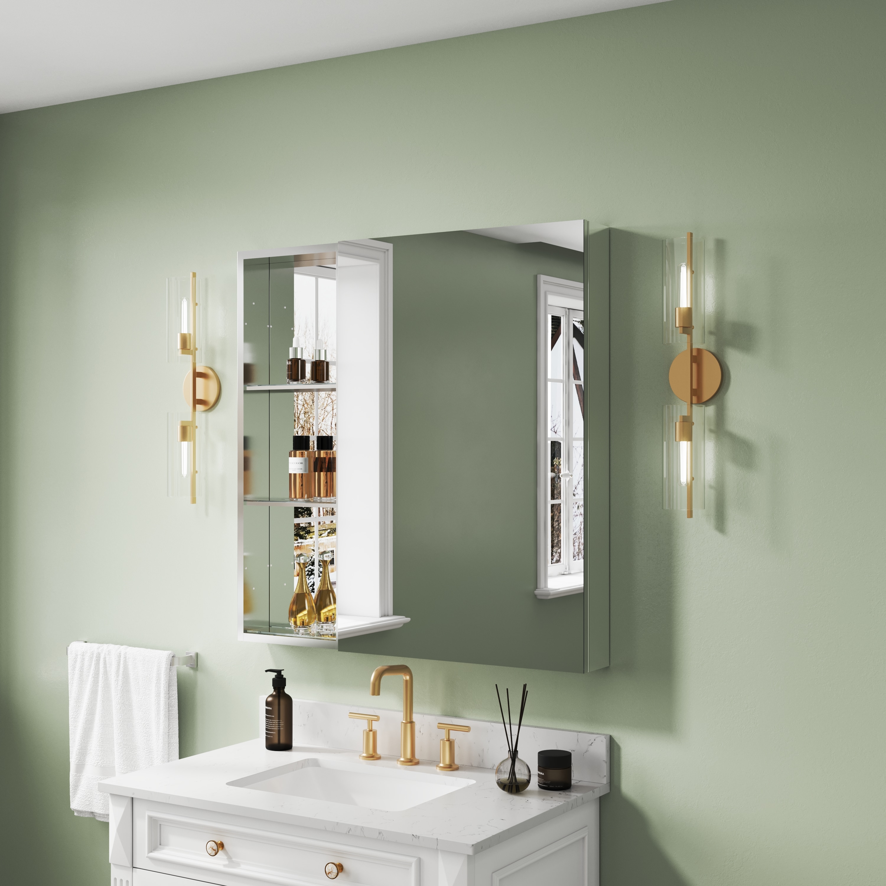 Forclover Medicine Cabinet 36-in x 36-in Surface/Recessed Mount Chrome Mirrored Square Soft Close Medicine Cabinet