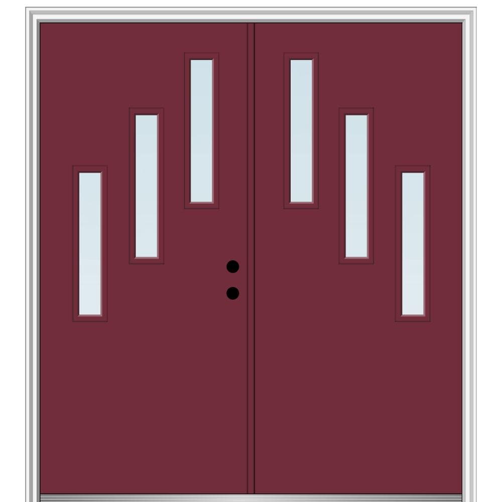 MMI DOOR ZZ349501L Spotlights 72-in x 80-in x 6-9/16-in Fiberglass Pulse lite Left-hand inswing Burgundy Painted Prehung Double Front Door with Brickmould Insulating core