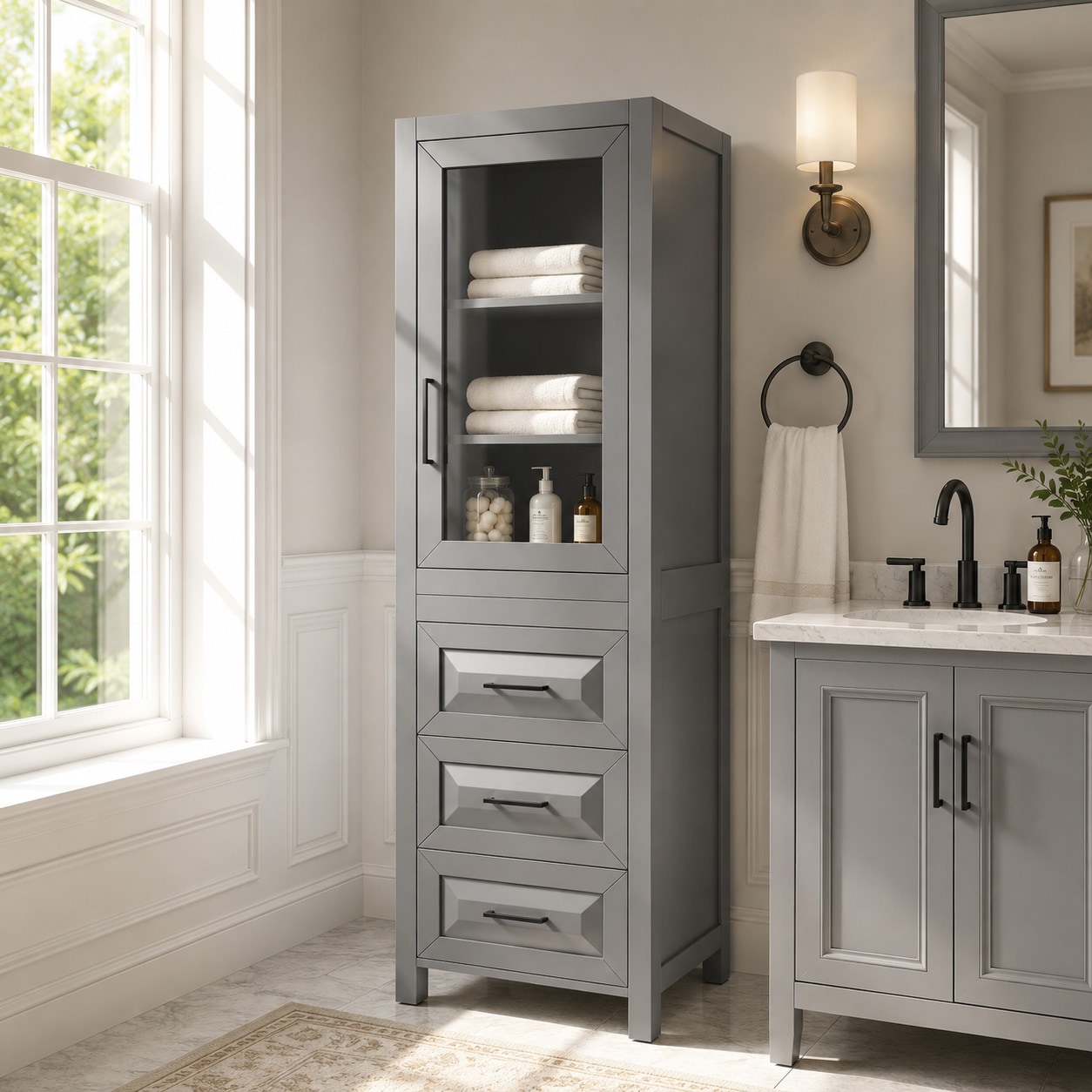 Wyndham Collection Daria 24-in x 71.25-in x 20-in Dark Gray with Matte Black Trim Freestanding Soft Close Linen Cabinet