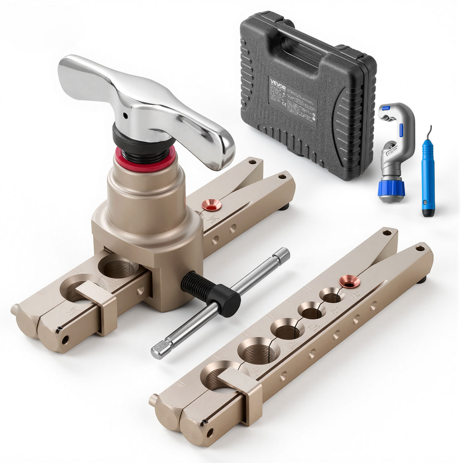 VEVOR Flaring Tool HVAC 45 degrees Eccentric Single Flaring Tool for 1/4in-3/4in and 6-19mm Copper Aluminum Tubes - with Metric and SAE Clamps  Tube Cutter and Toolbox for Refrigeration Air Conditioner Repair