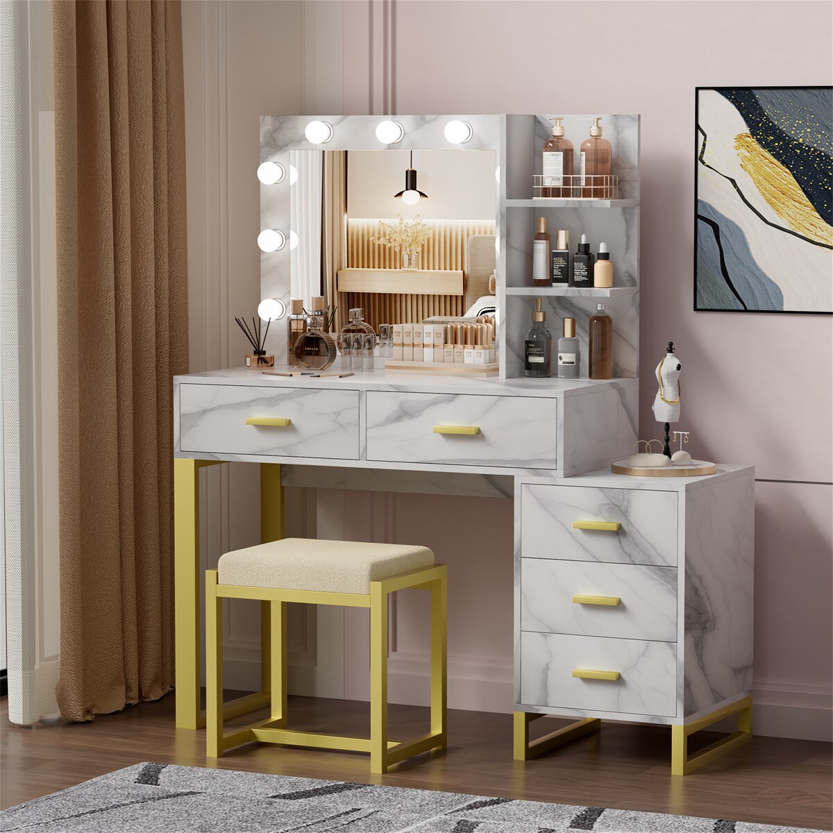 PAKASEPT Vanity Set with Lighted Mirror, Makeup Vanity Dressing Table with  LED Light, Drawers, Storage Shelves and Cushioned Stool, Small Vanity Desk  for Bedroom 