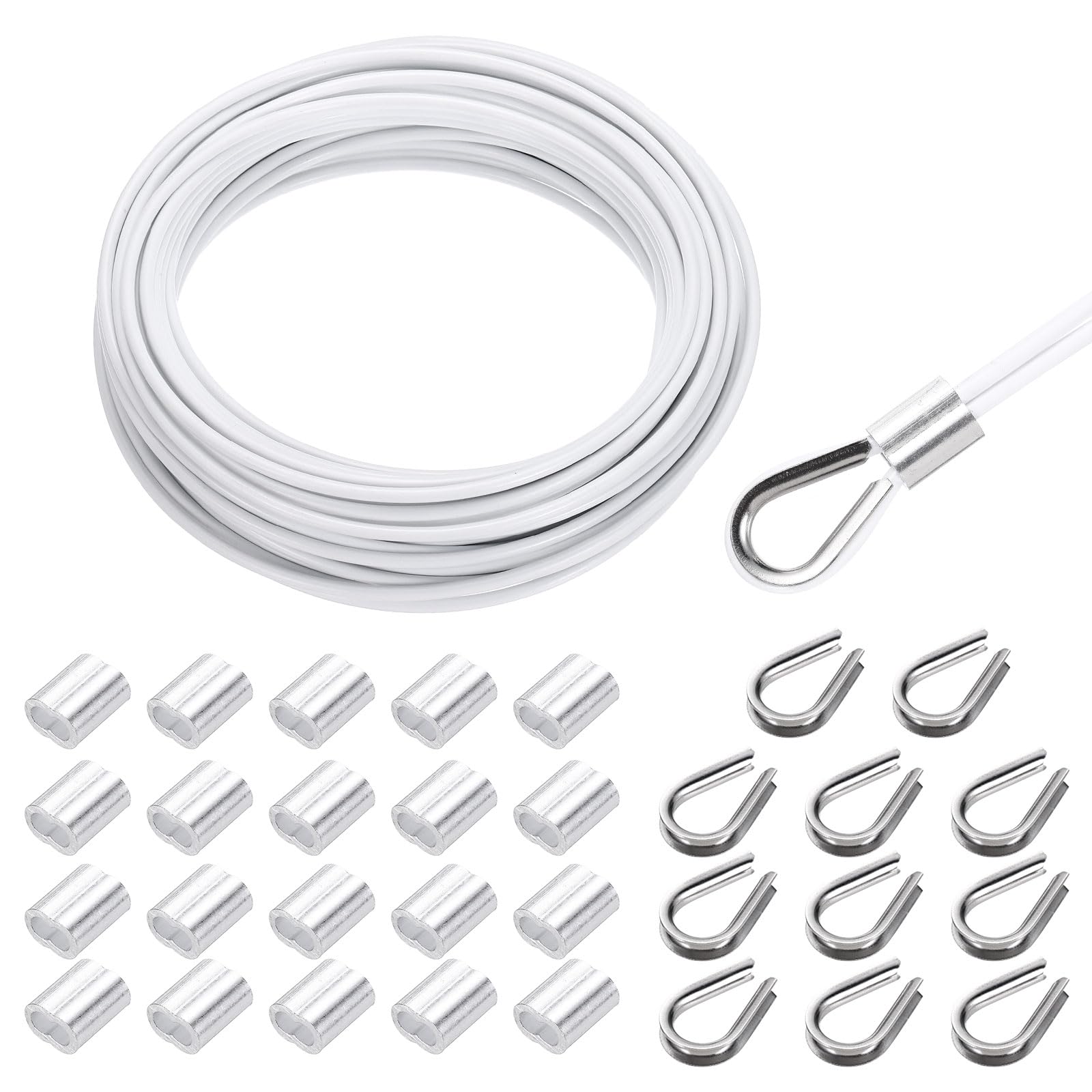 Aoibox  49 Foot White Vinyl Coated 304 Stainless Steel Cable Railing Kit with Aluminum Sleeves and Thimbles