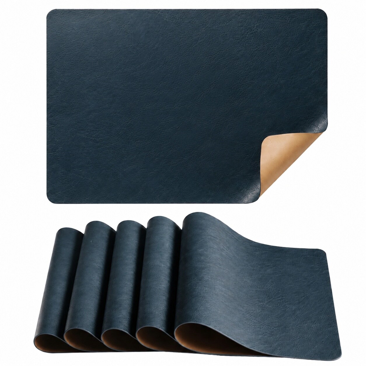 Etokfoks  17 in x 11 8 in Camel Navy Blue Faux Leather Reversible Heat Resistant Kitchen Placemats Set of 6