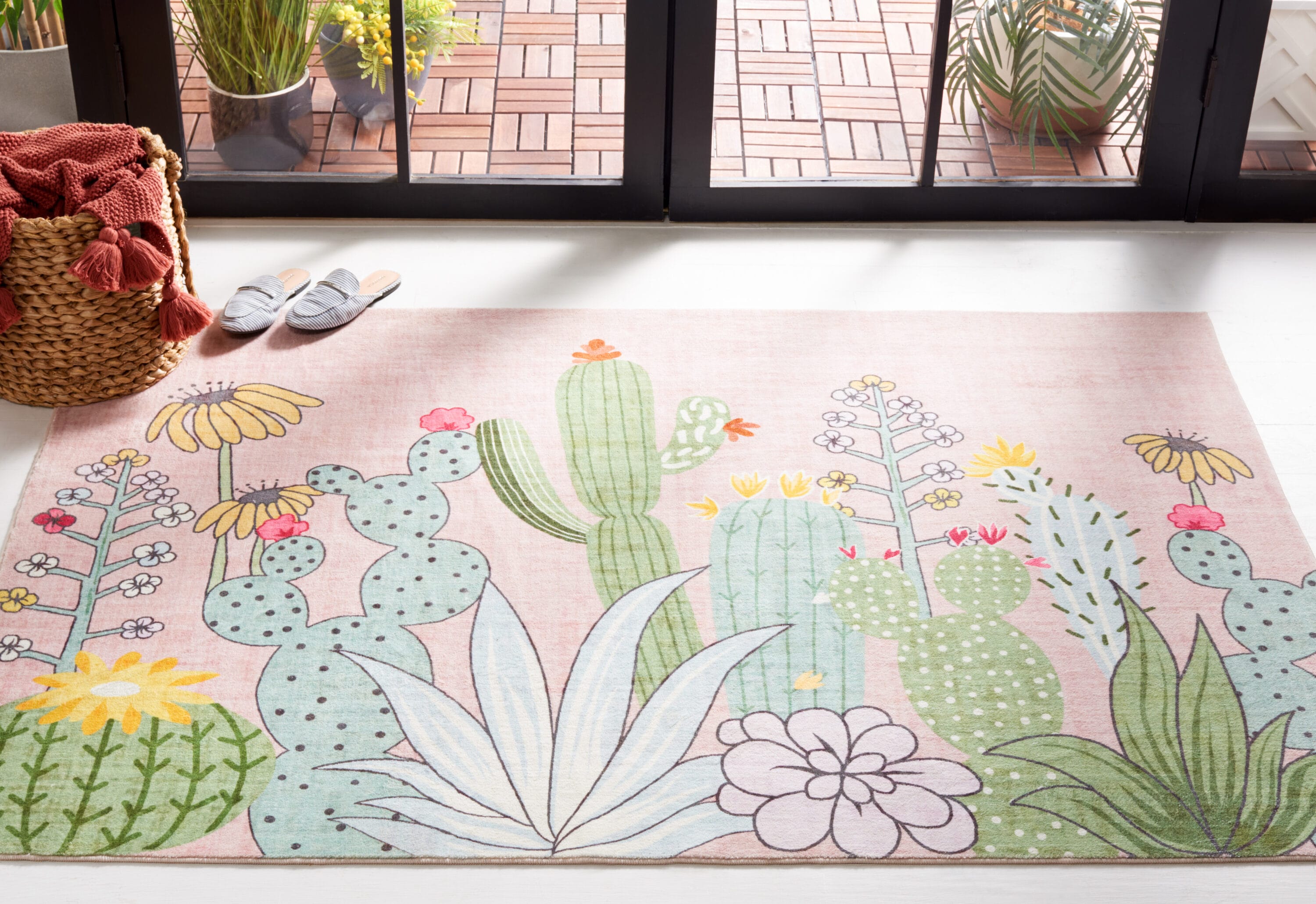 Door And Kitchen Mat 373U Pink/Green 3ft x 5ft Kids Rug