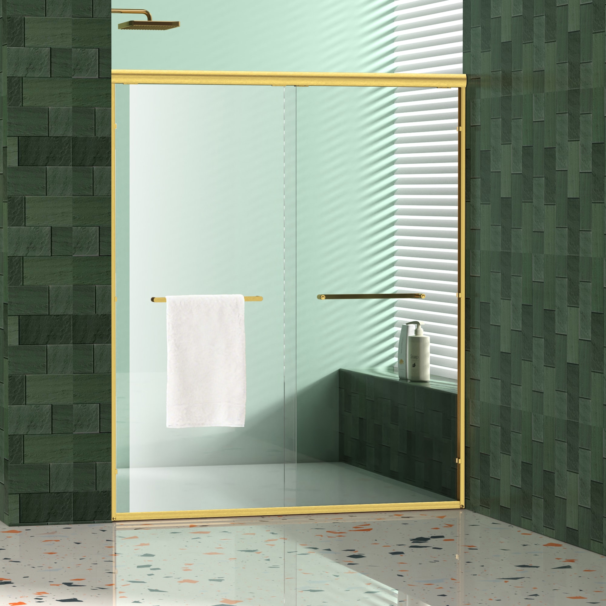 GLANZEND  60 in W x 72 in H Frameless Clear Tempered Glass Double Sliding Reversible Shower Door Brushed Gold Water Resistant Seal Comfort Handle designed for practical bathroom upgrades