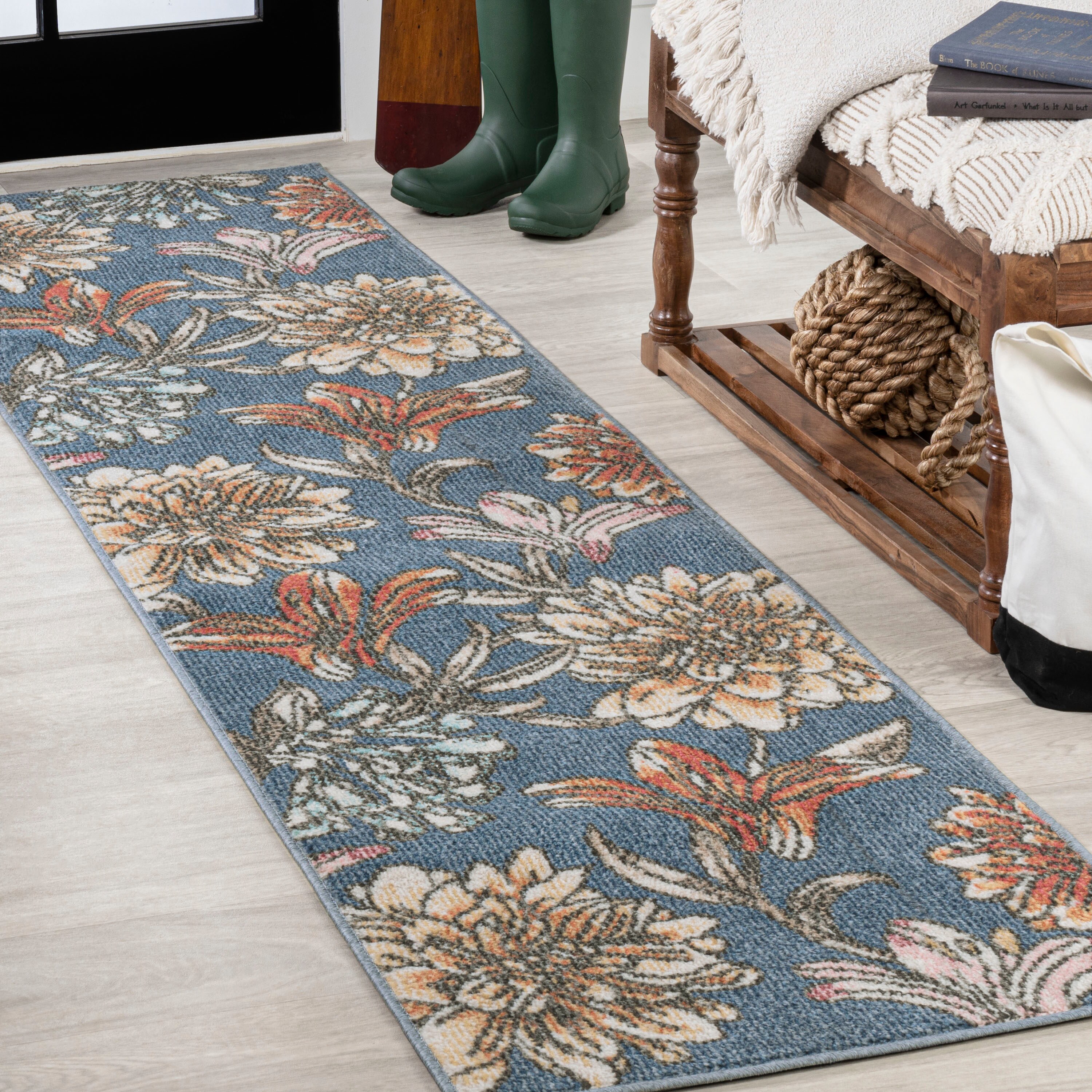 JONATHAN  Y CTP202A-28 Contemporary POP Giglio Modern Botanical Flower 2 x 8 (ft) Loomed Polypropylene Blue/Orange/Cream Rectangular Indoor Floral/Botanical Tropical Runner rug