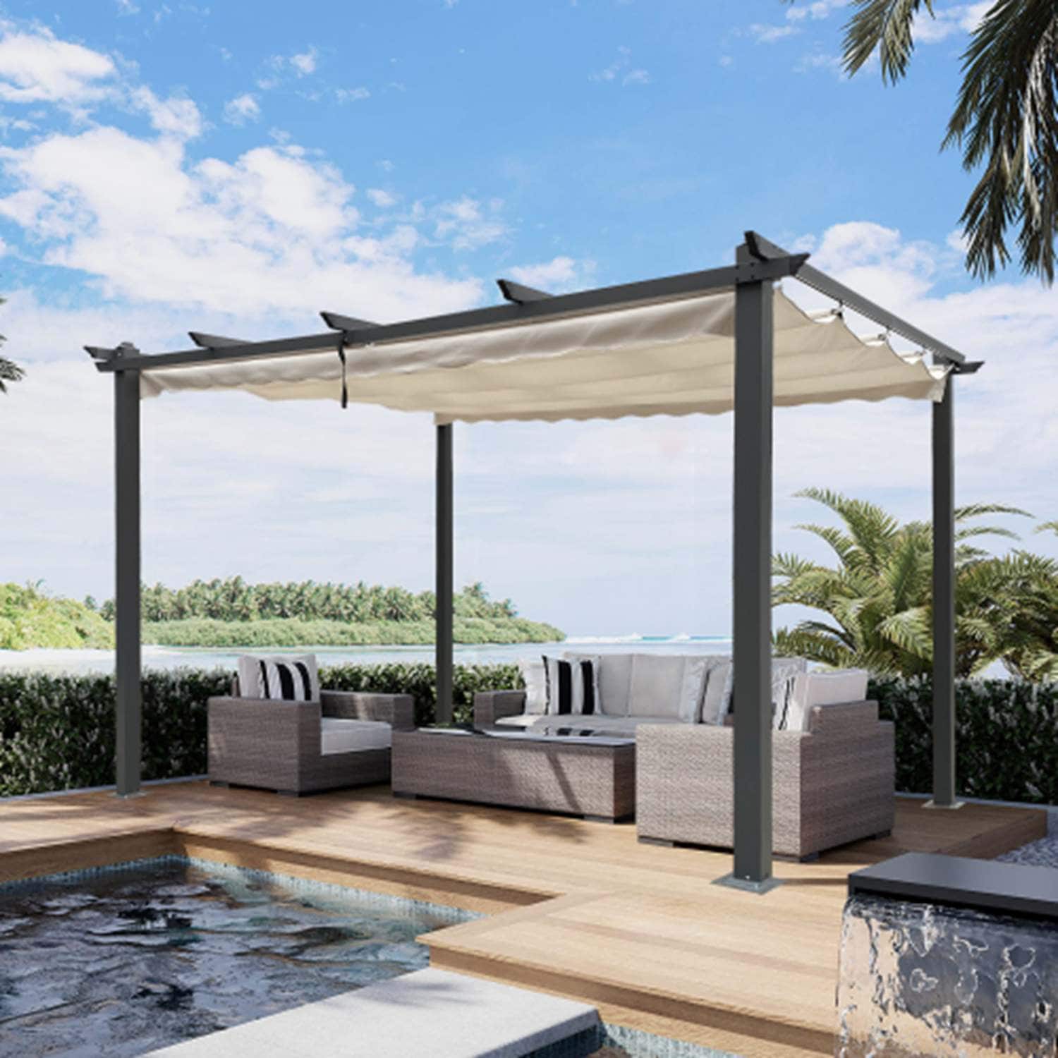 Runesay PERGO-06 Retractable Pergola 10-ft W x 10-ft L x 7-ft 3-in H Beige Metal Attached Pergola with Canopy