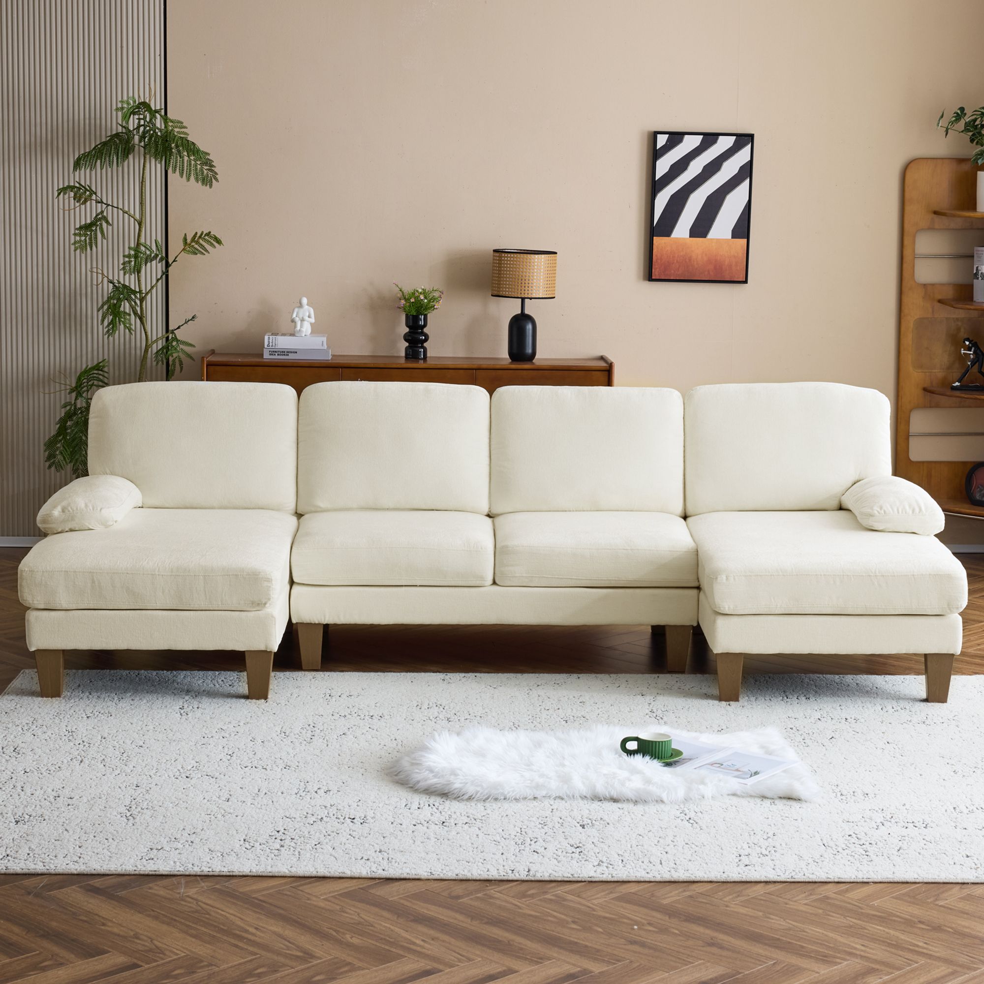 Winado  111.2  in. W Pillow Top Arm 3-Piece U-shaped Chenille Sectionals in Beige