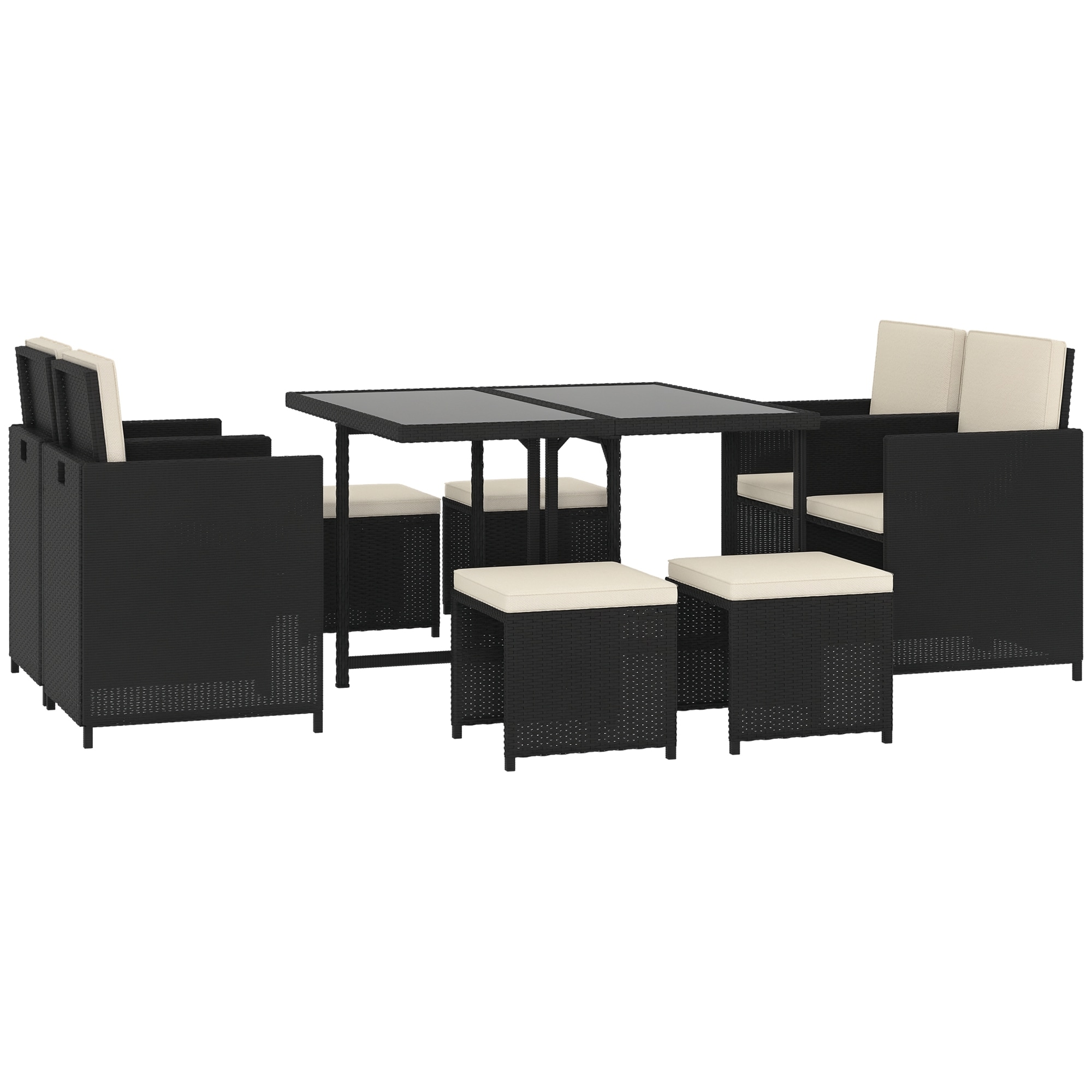 Outsunny 861-011  9 Pieces Outdoor Dining Set for 8 Space Saving Wicker Chairs and Square Glass Table with Cushions and Ottomans Rattan Conversation Patio Furniture Set for Garden Black/Cream White