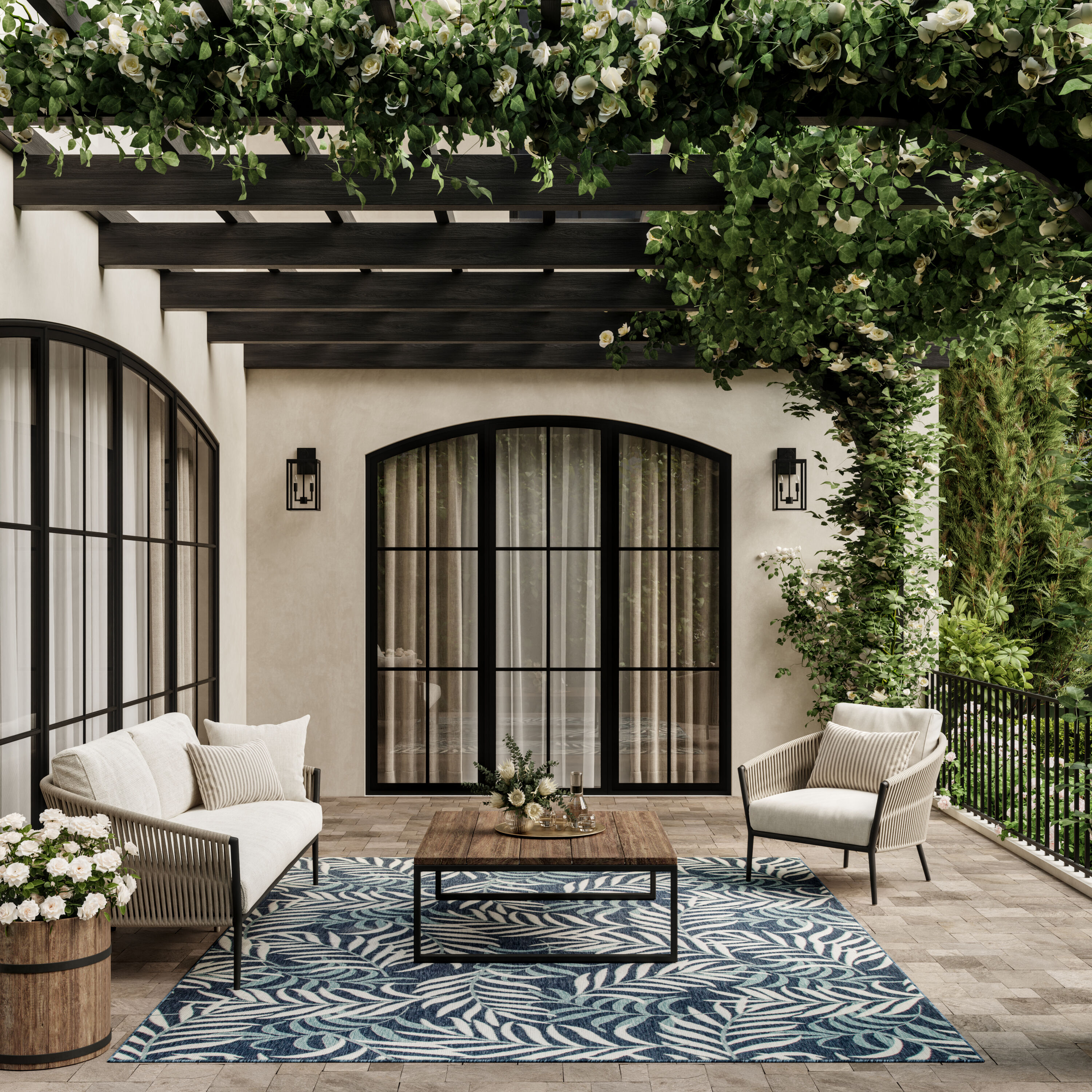 Nourison Home 099446959126 Garden Oasis 9 x 12 (ft) Loomed Polypropylene Navy Rectangular Indoor/Outdoor Floral/Botanical Tropical Area rug