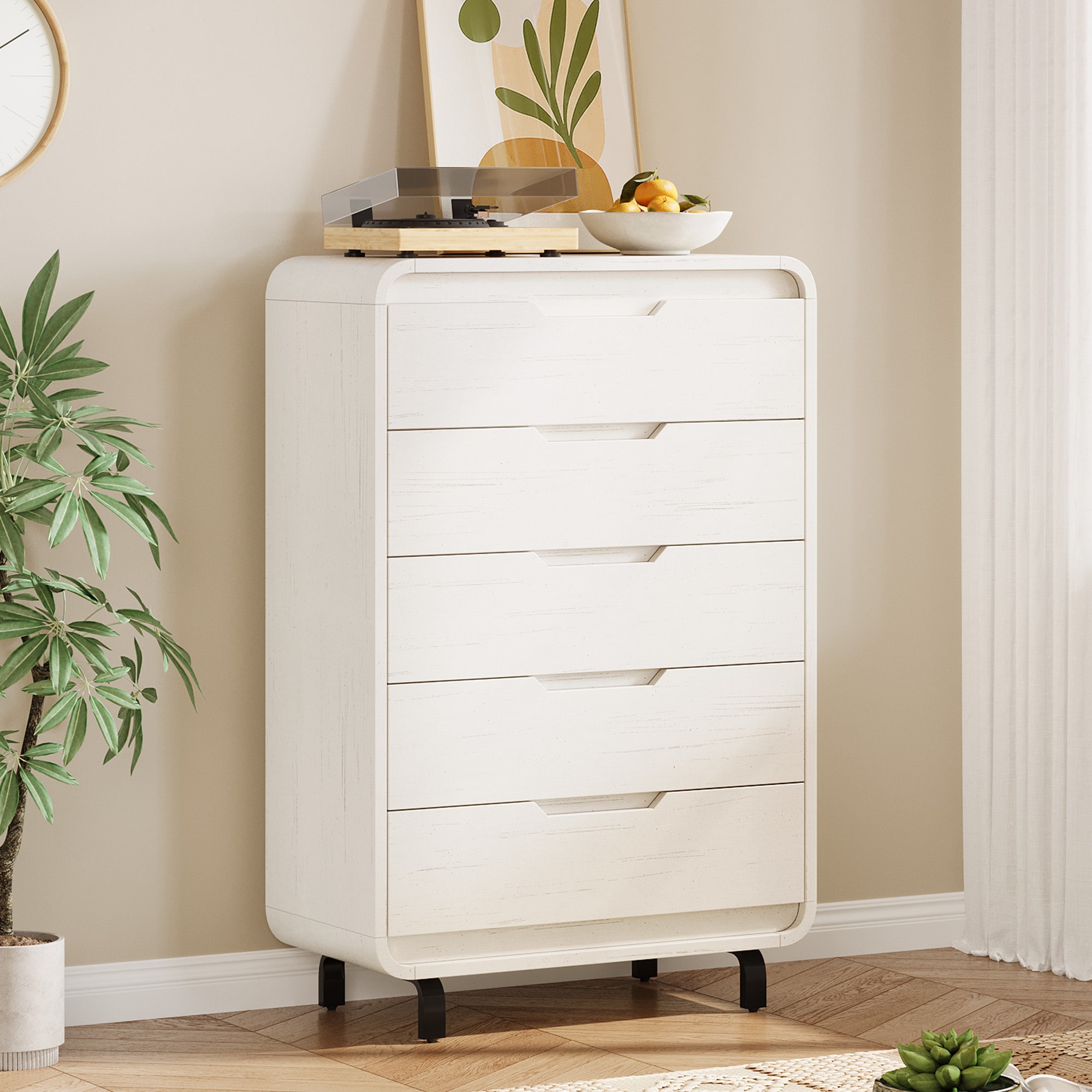 Assile Antique White 5 Drawer Cabinet with Rounded Corners