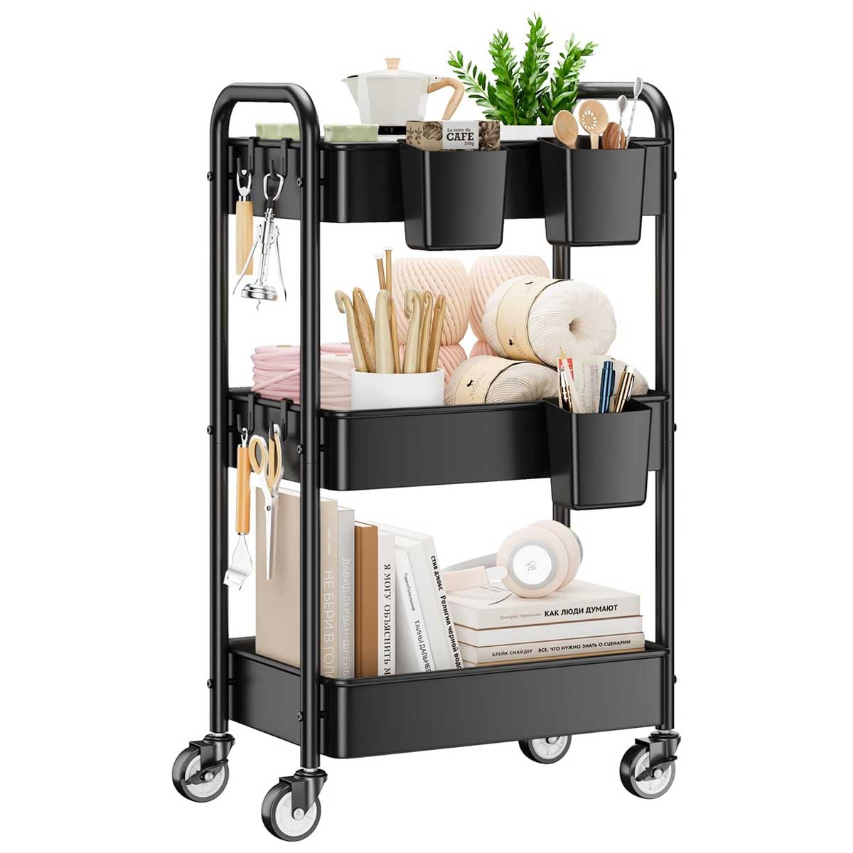 Aoibox  3 Tier Rolling Cart Metal Utility Cart with Wheels Hanging Cups Hooks Heavy Duty Mesh Rolling Storage Organizer Craft Cart for Kitchen Office