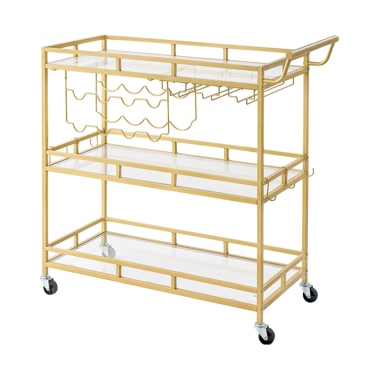 Mecale 3-Tier Bar Cart Rolling Serving Trolley Tempered Glass Shelves ...