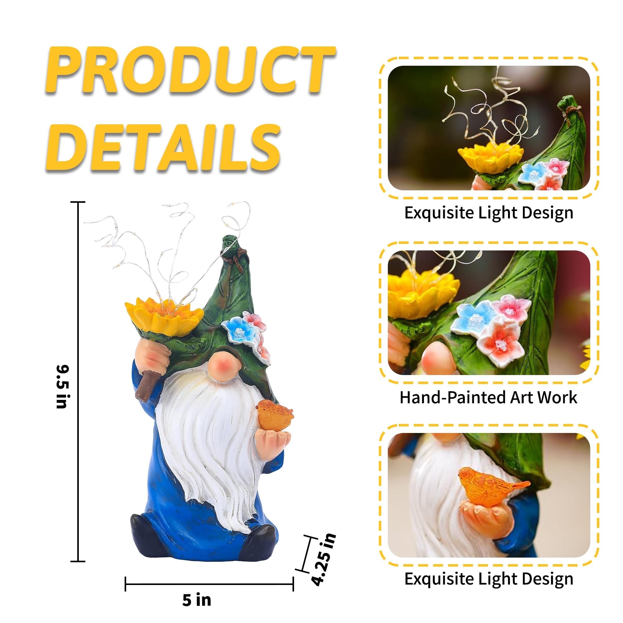 Oyezvary 9 5 Inch Solar Garden Gnome Statue Resin Outdoor Decor with ...
