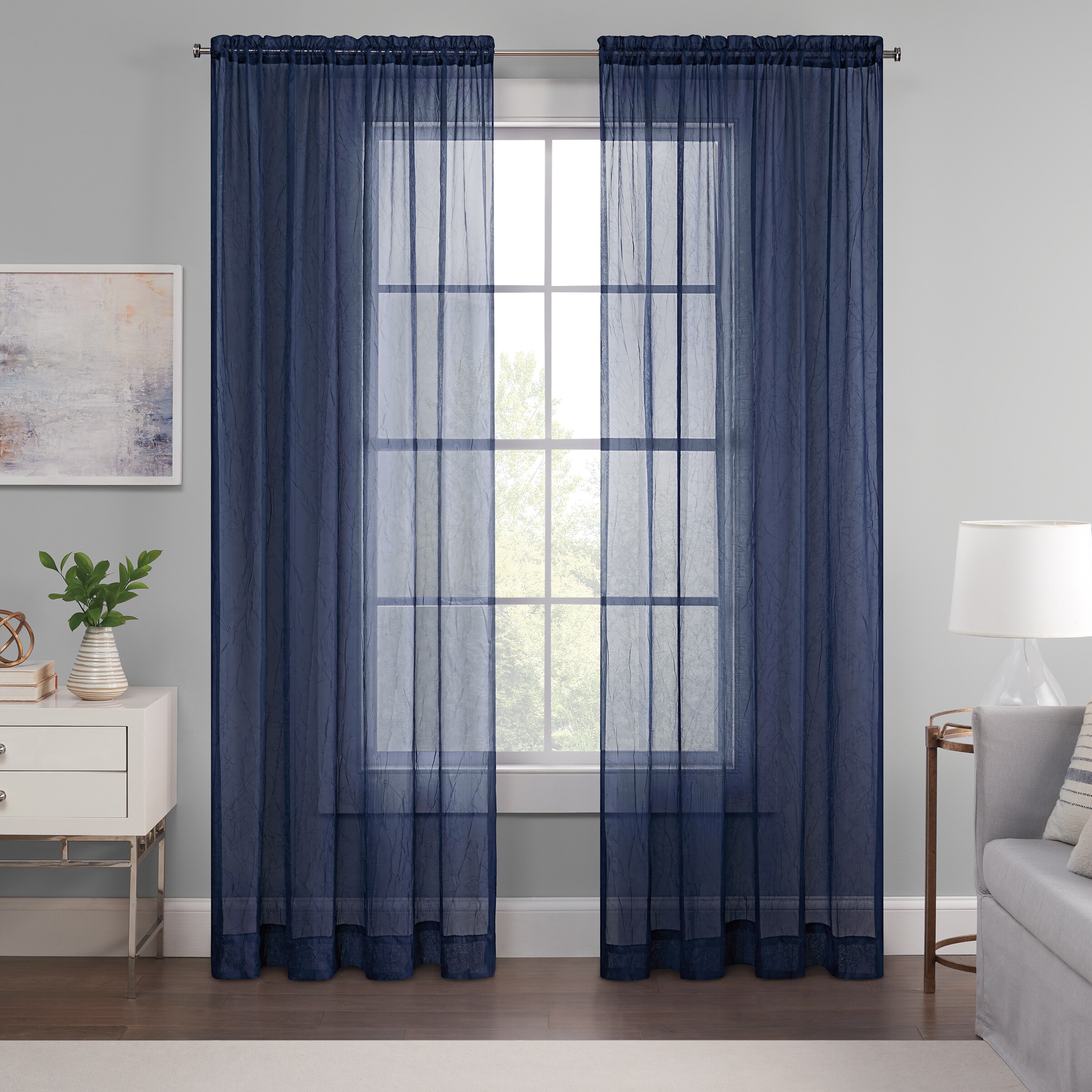 Photo 1 of Eclipse 63-in Navy Textured Sheer Rod Pocket Single Curtain Panel