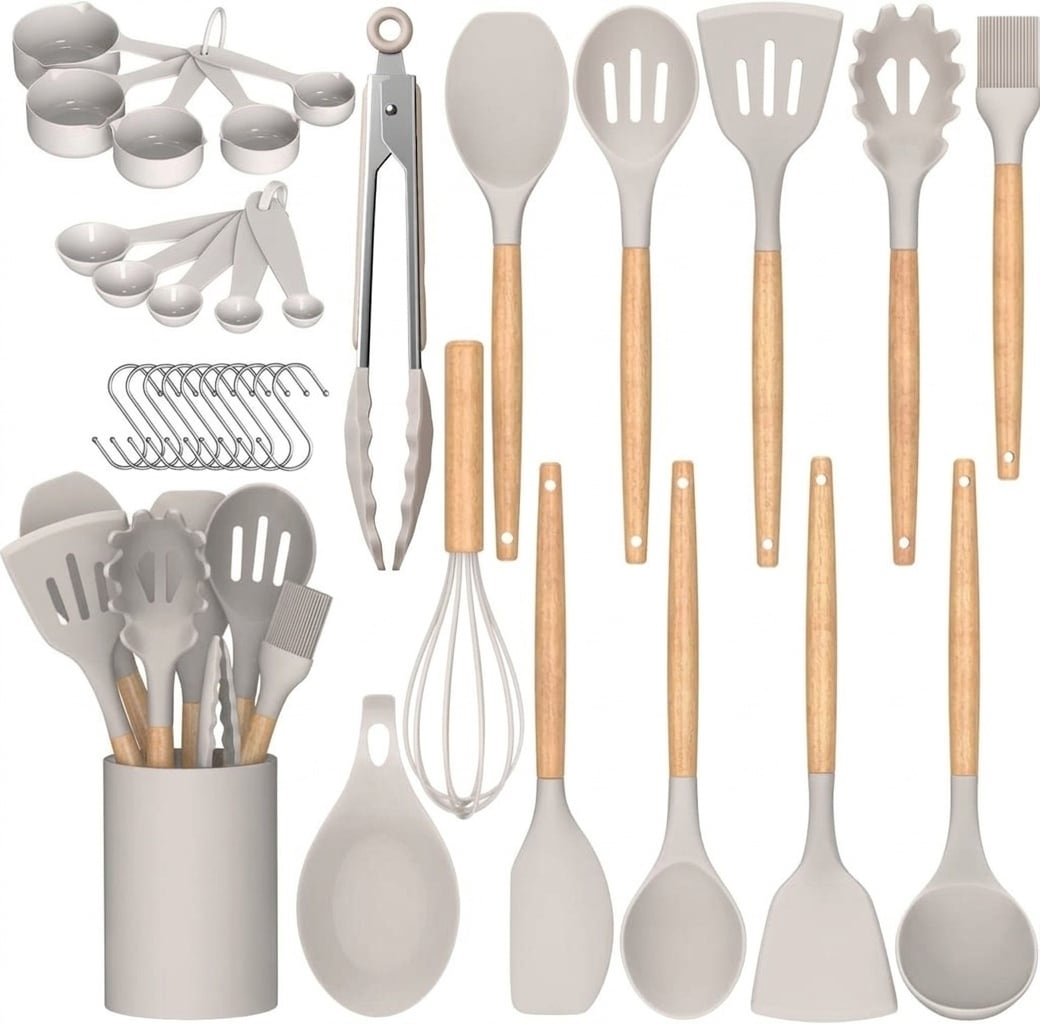 Etokfoks  Silicone Kitchen Utensils Set 33 pcs Non Stick Cooking Utensils Set with Holder Wooden Handle Heat Resistant