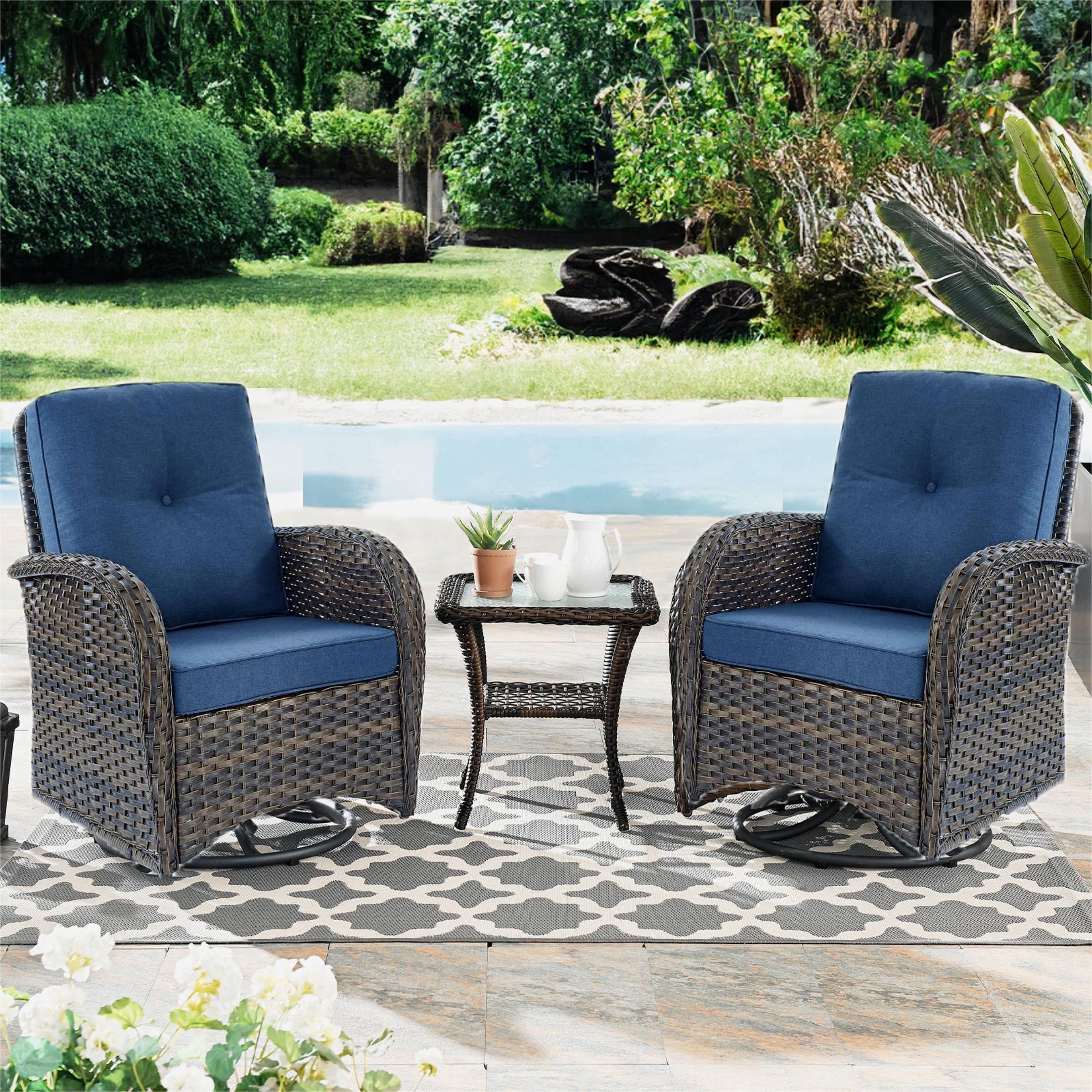Jeehope PA085-1 PACHAIRS-T Set of 2 Wicker Brown Steel Frame Swivel glider Conversation Chair with Navy Cushioned Seat