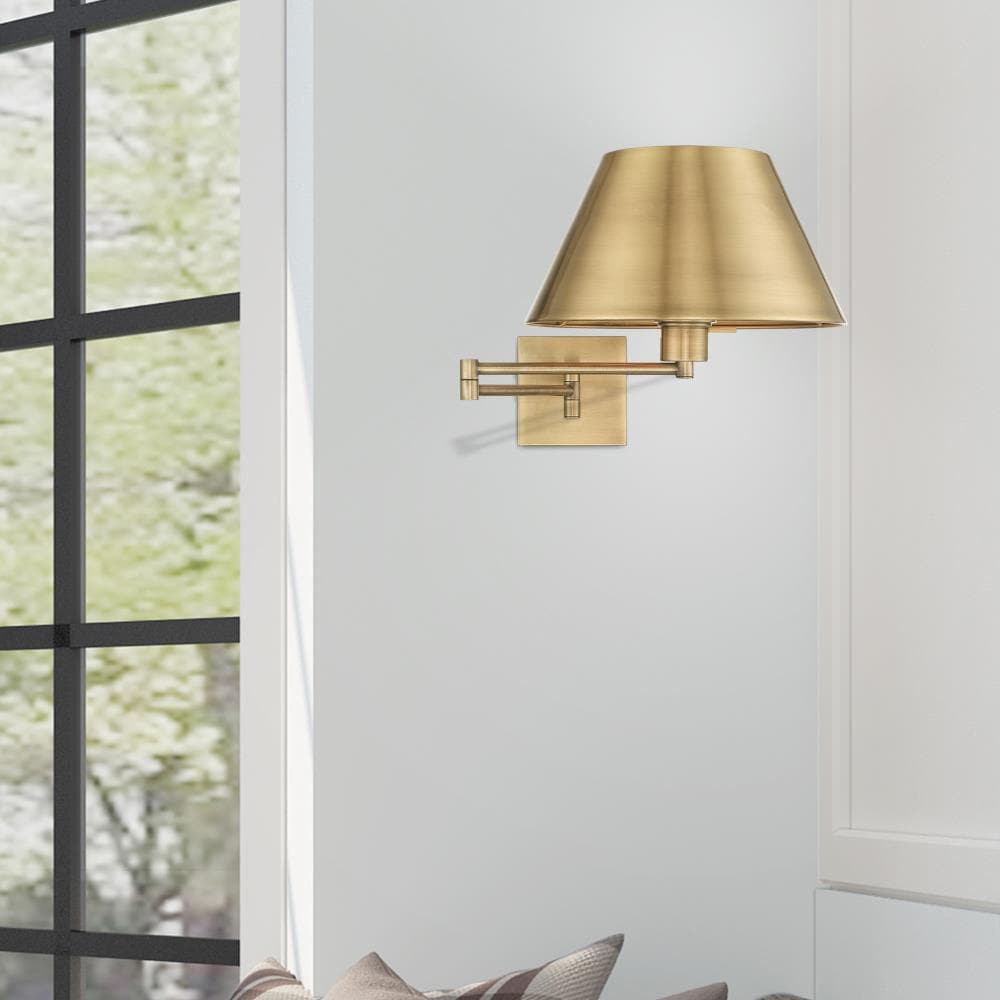 Antique Brass Swing Arm Wall Lamp with Satin Shade