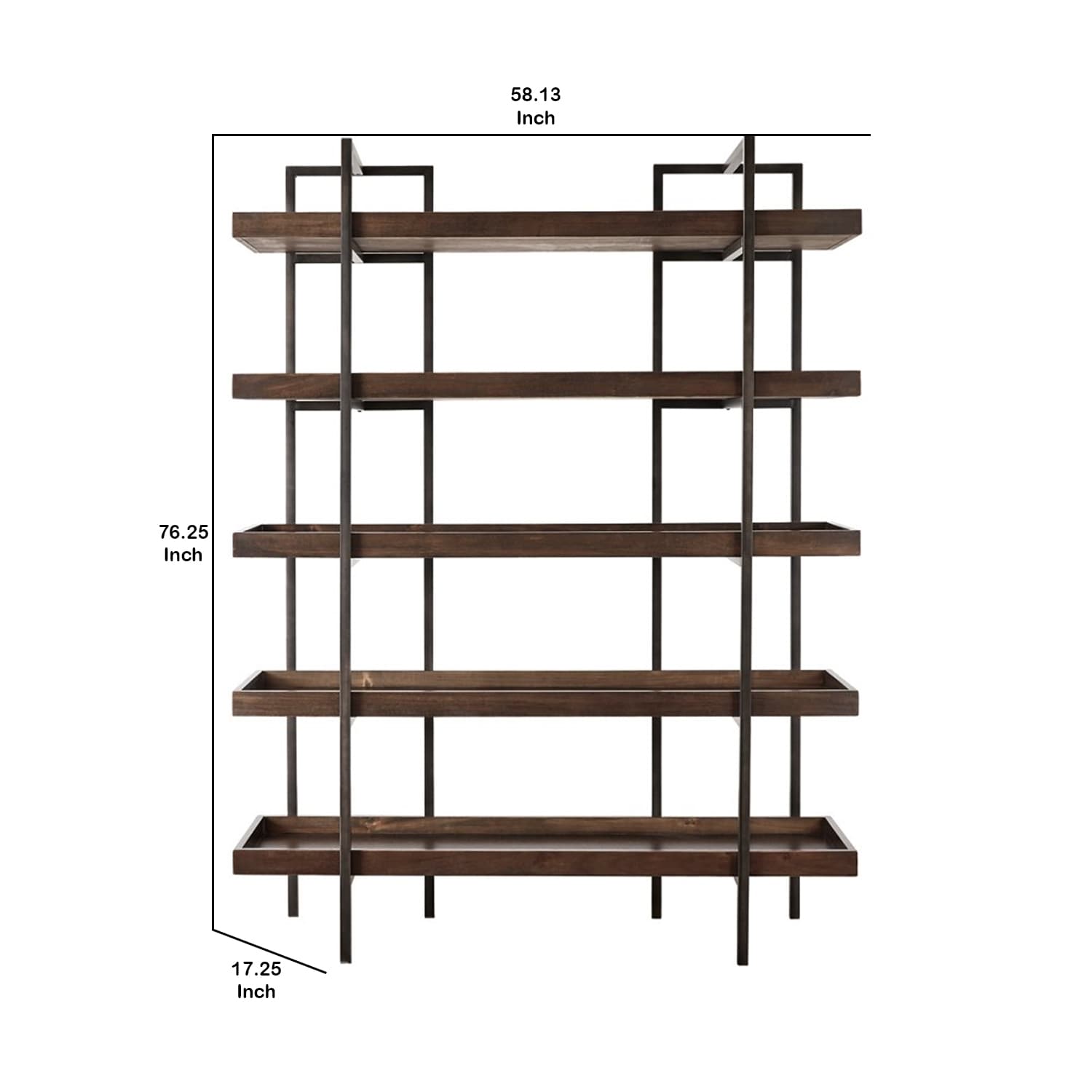 Walnut Brown Bookcase with Black Metal Frame and 5 Fixed Shelves