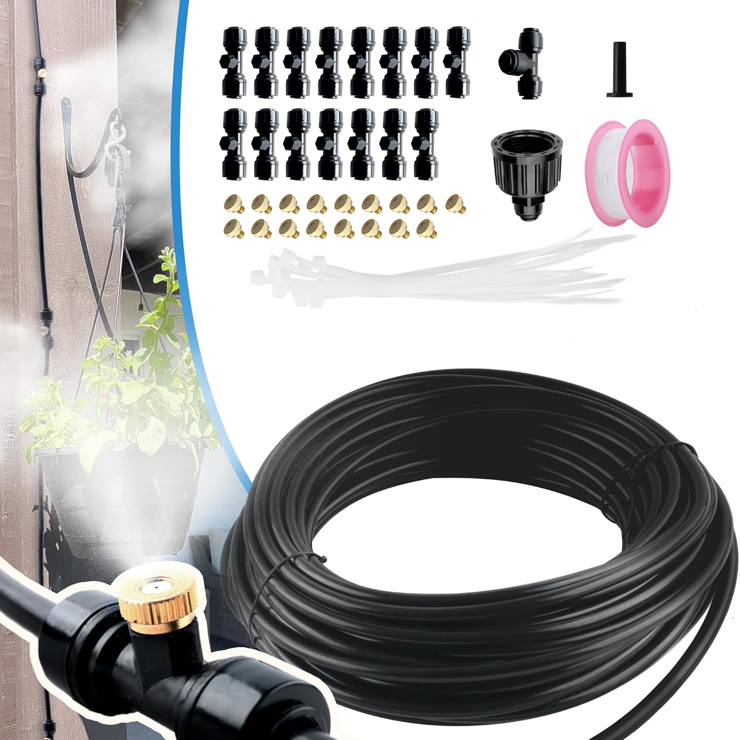 MaseiKar Outdoor Misting System Kit - 50FT Patio Misting Line with 15 Brass Mist Nozzles Adjustable Atomizing Mister for Garden Greenhouse Trampoline Cooling