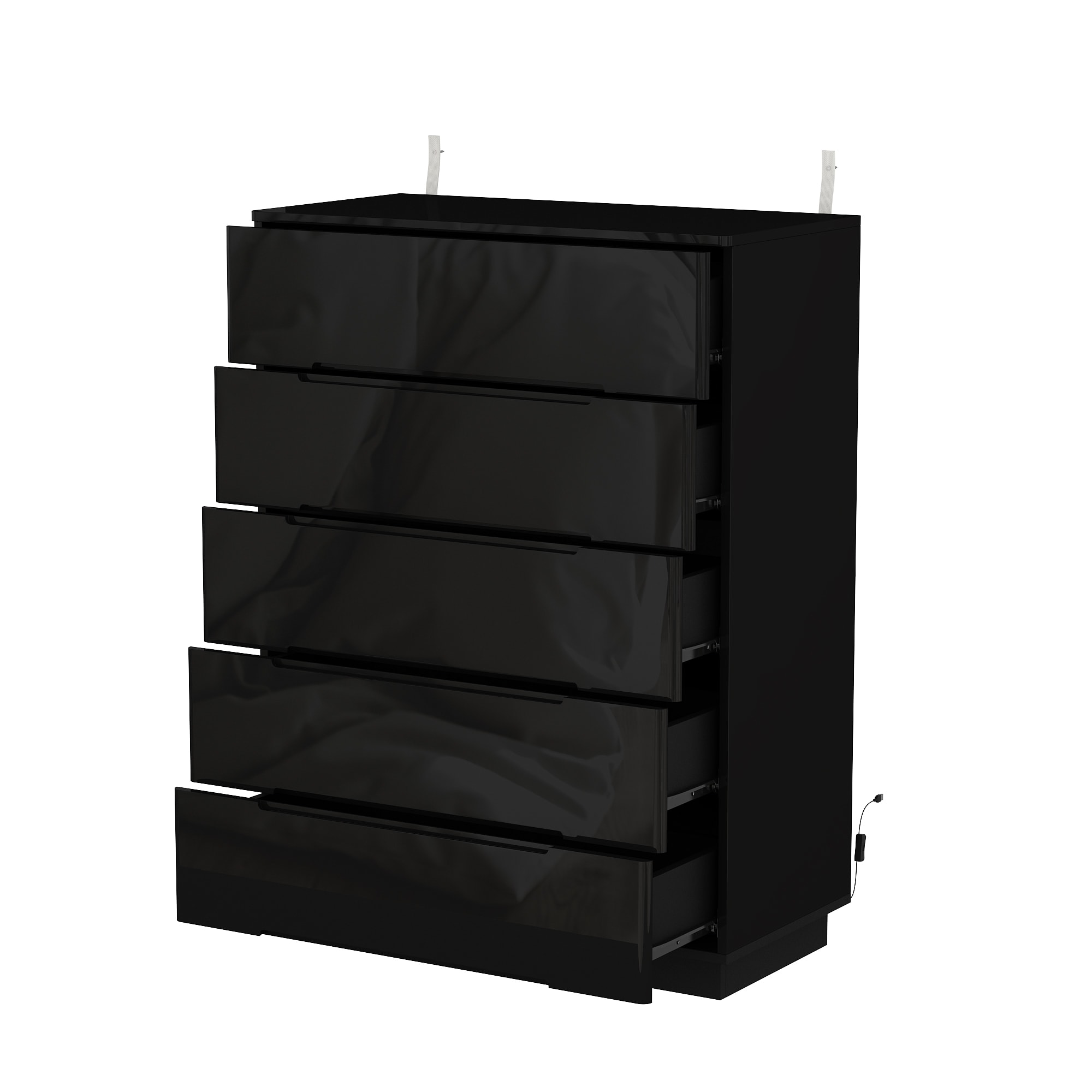  V-KF020327-02 High Gloss Black Dresser with LED Light Five Drawer Storage Cabinet with Curved Corners and Handle Free Design
