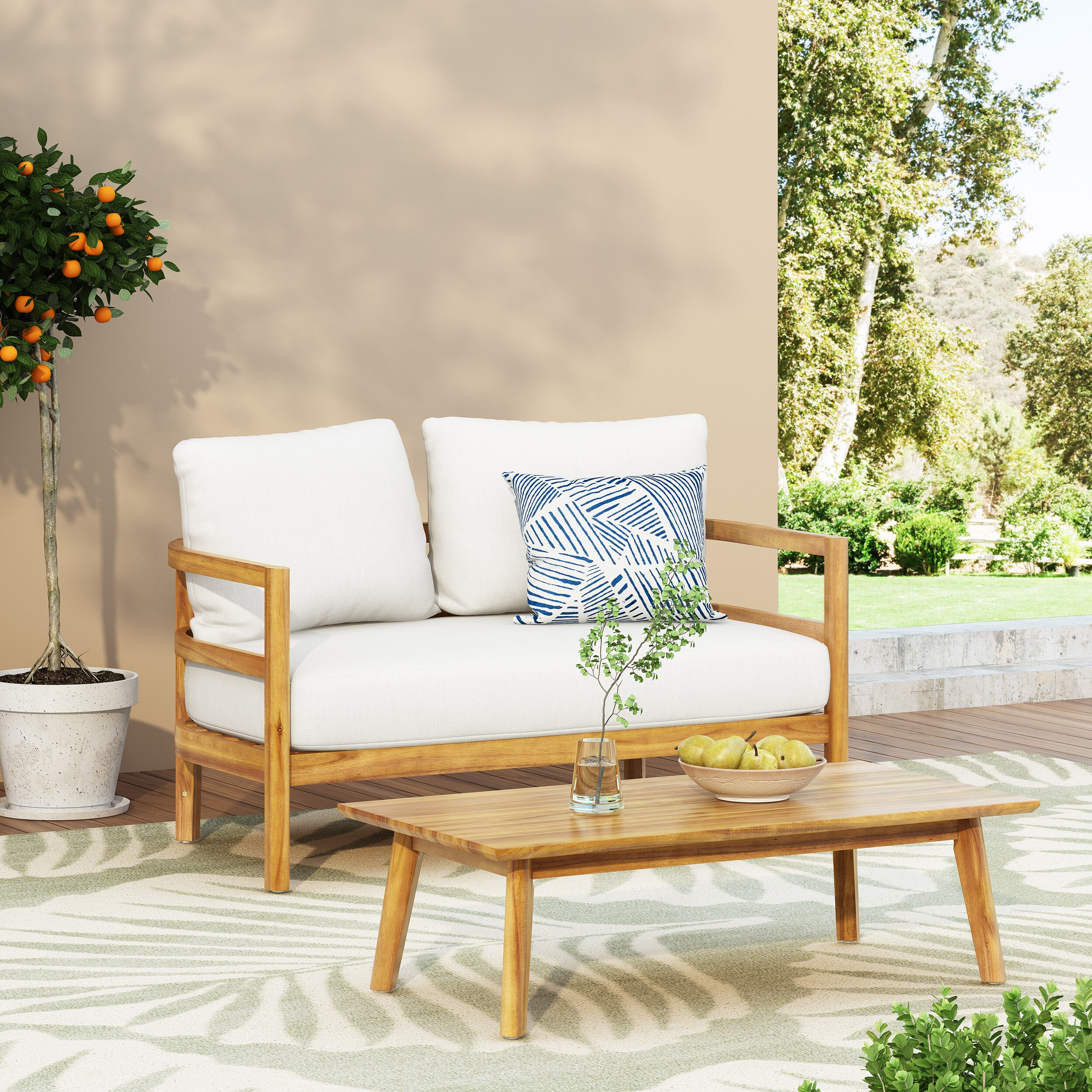 Christopher Knight Home 315614 Ellendale Outdoor Acacia Wood Outdoor Loveseat and Coffee Table Set