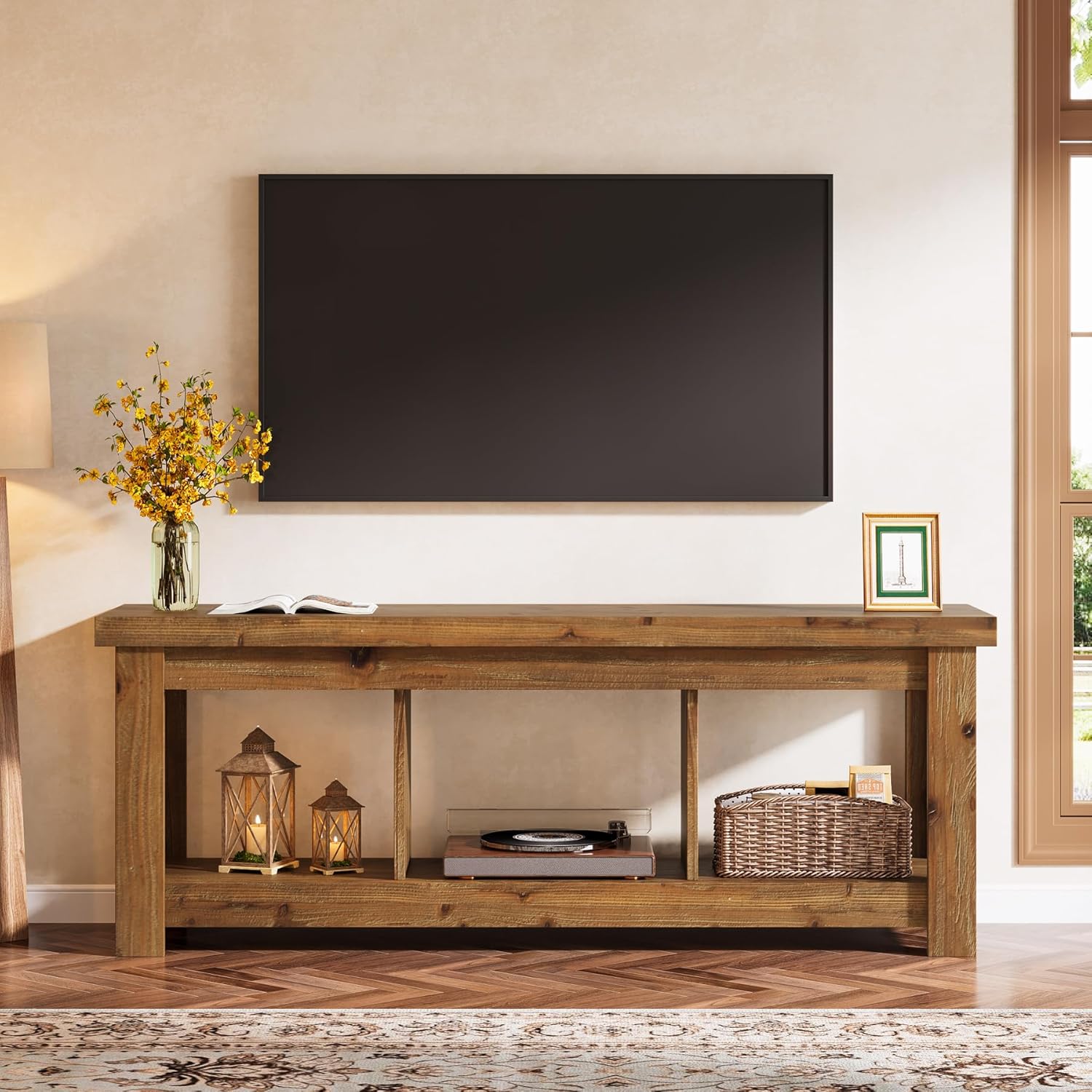 LITTLE TREE Brown 63-Inch Solid Wood TV Stand Entertainment Center for 65 Inch TVs Farmhouse Style with 3 Open Storage Shelves Rustic Brown Console for Living Room Bedroom Fits up to 65 Inch Television