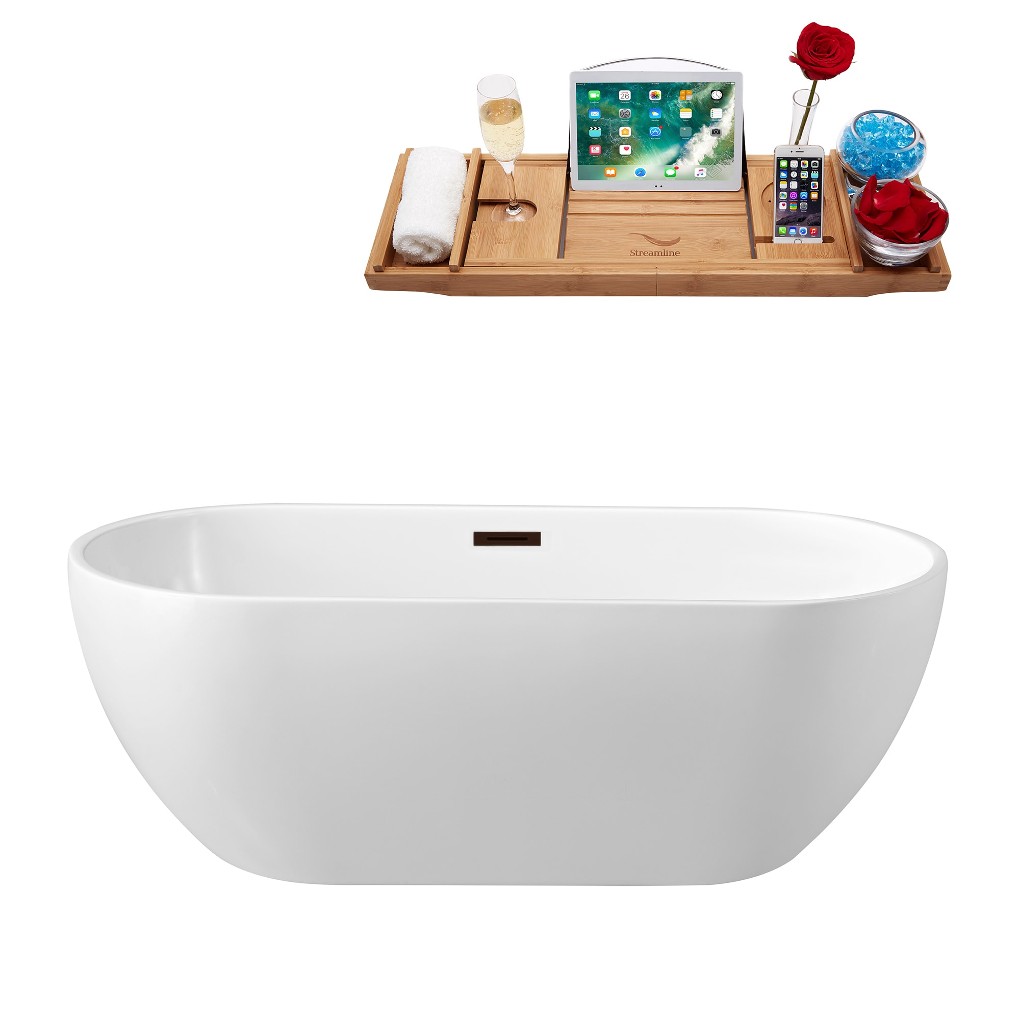 Streamline N140ORB 28.3-in x 59.1-in Glossy White Acrylic Oval Freestanding Soaking Bathtub with Drain (Center Drain)