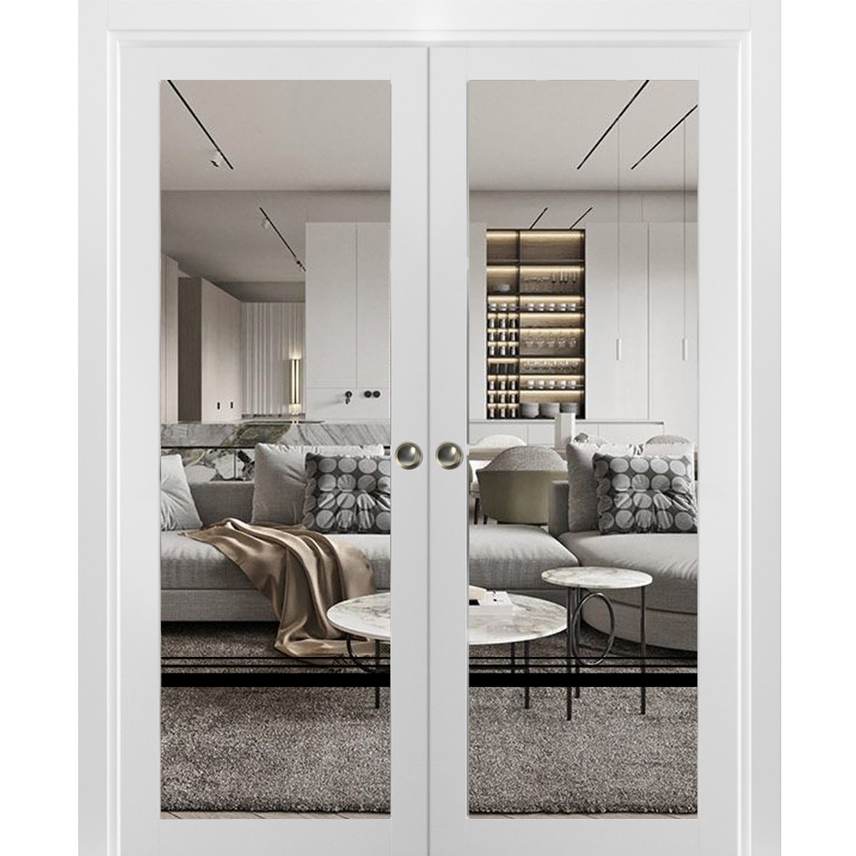 SARTODOORS Sliding Double Pocket Door Clear Glass - Lucia 2666 White Silk - Kit Trims Rail Hardware - Solid Wood Interior Bedroom Bathroom Closet Sturdy Doors-56 x 84 (2x 28x84)-Clear Glass